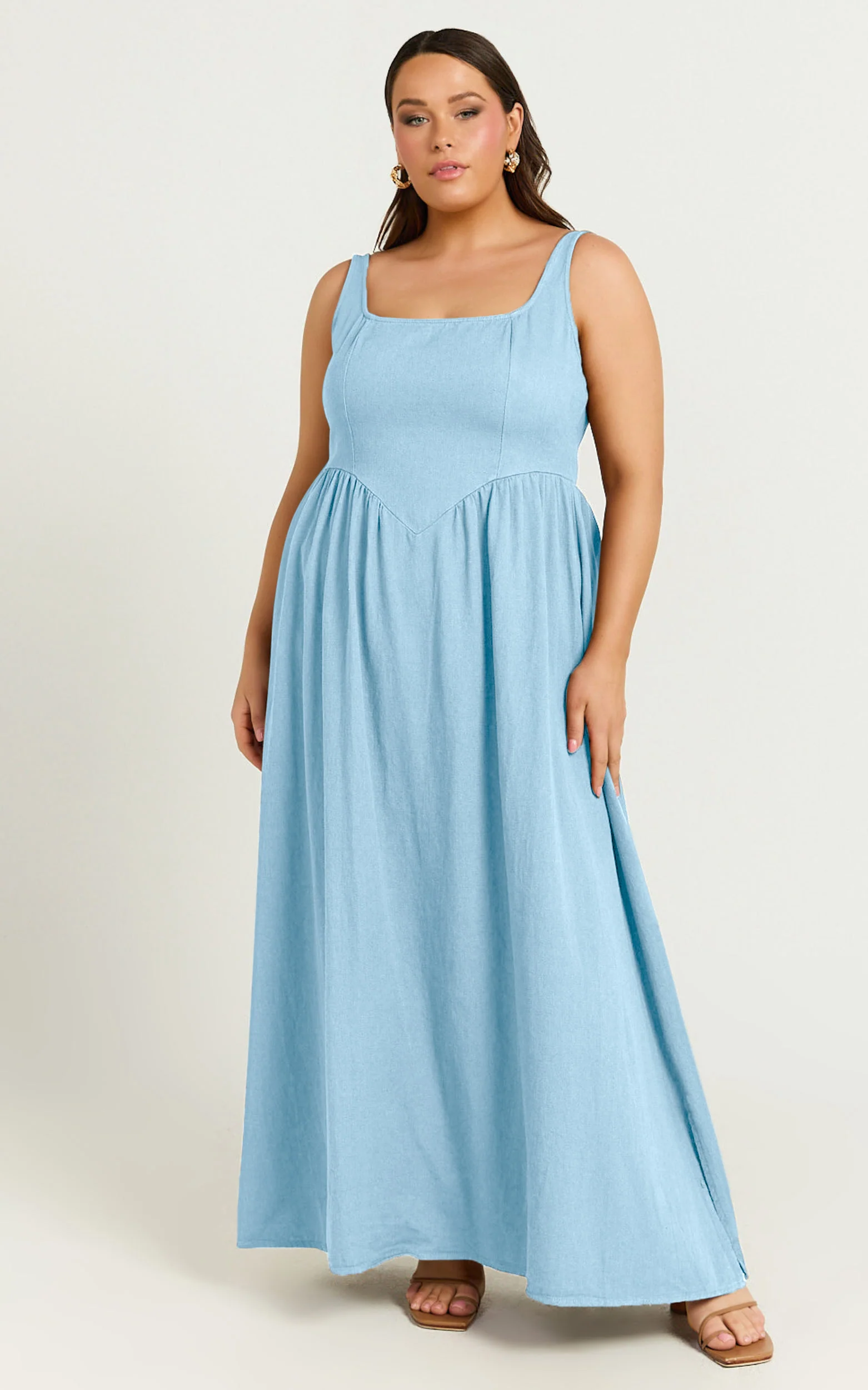 Rhaziya Midi Dress - Sleeveless Straight Neck Fit and Flare Dress in Blue - Image 2