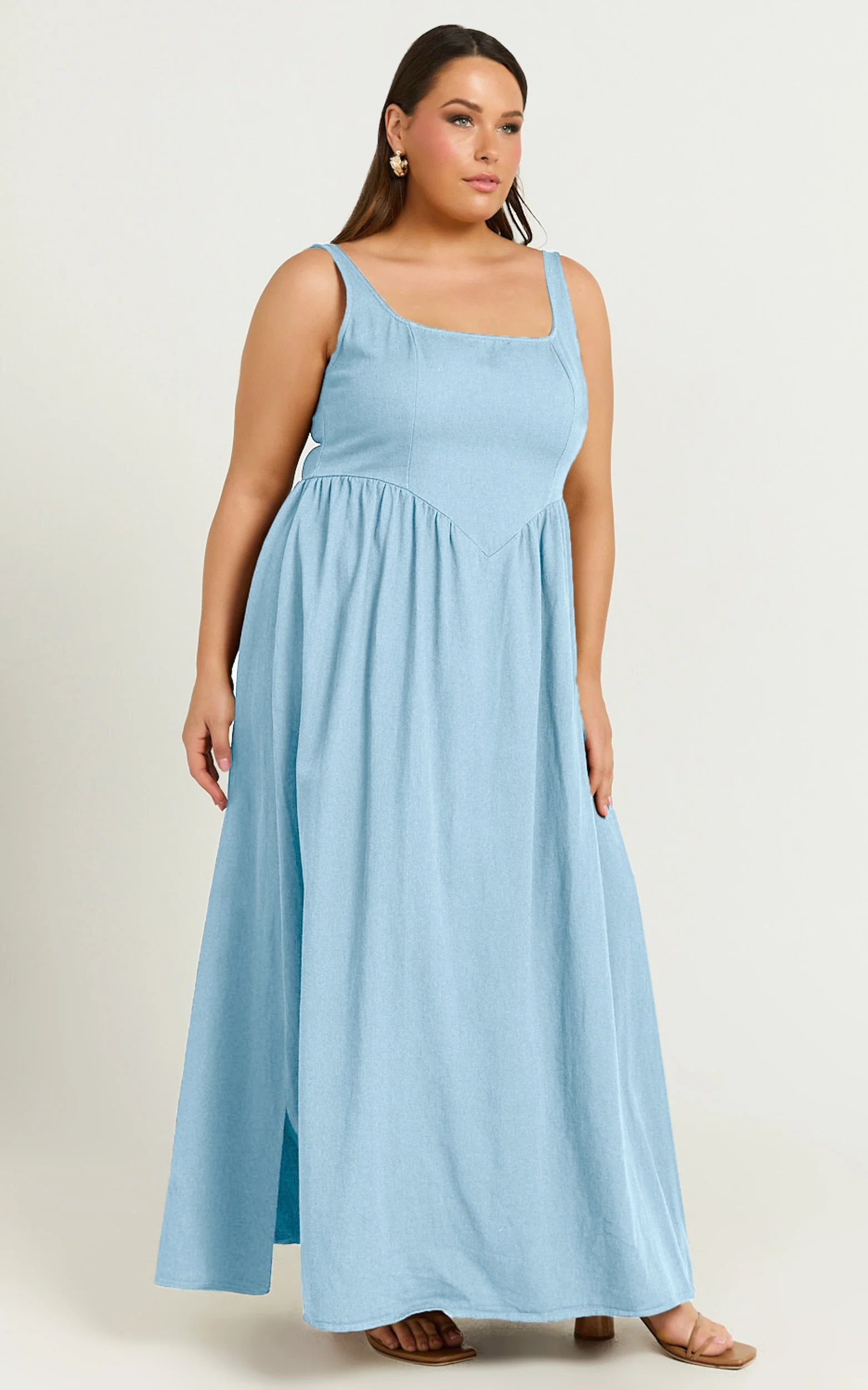 Rhaziya Midi Dress - Sleeveless Straight Neck Fit and Flare Dress in Blue - Image 6