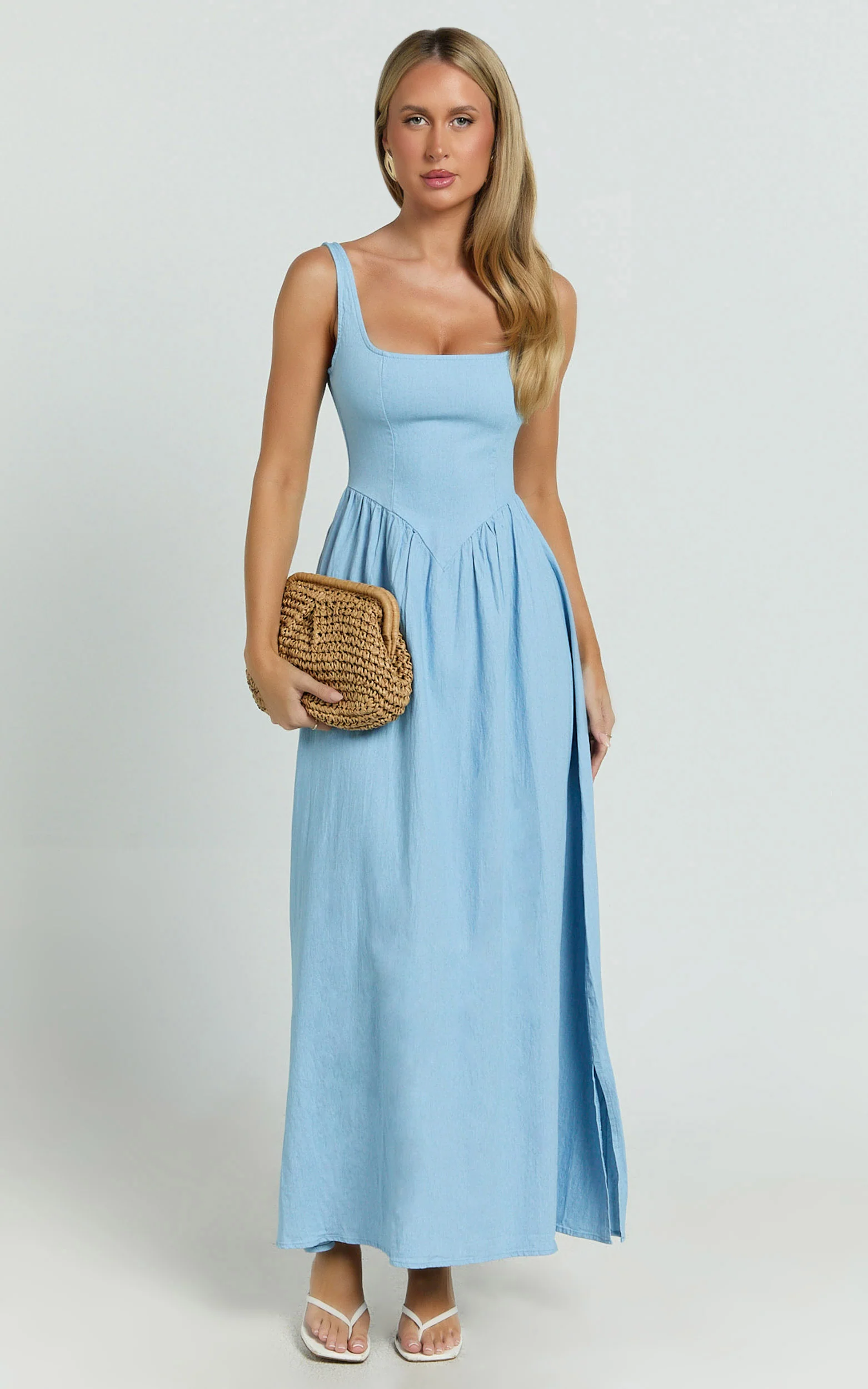 Rhaziya Midi Dress - Sleeveless Straight Neck Fit and Flare Dress in Blue - Image 7
