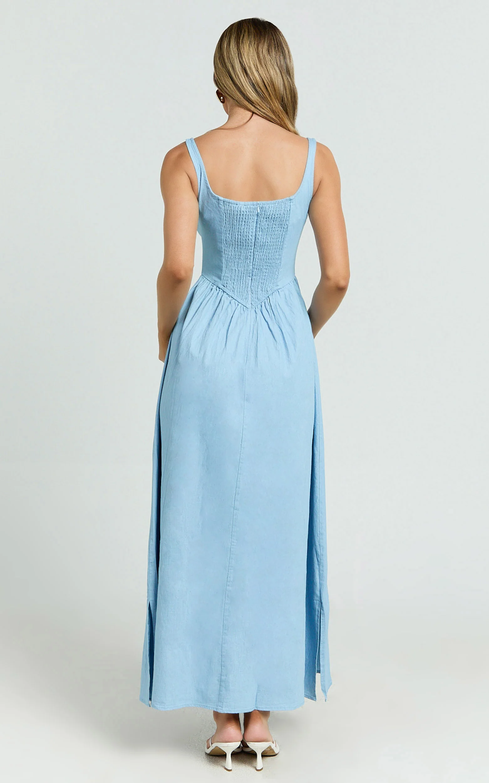 Rhaziya Midi Dress - Sleeveless Straight Neck Fit and Flare Dress in Blue - Image 9
