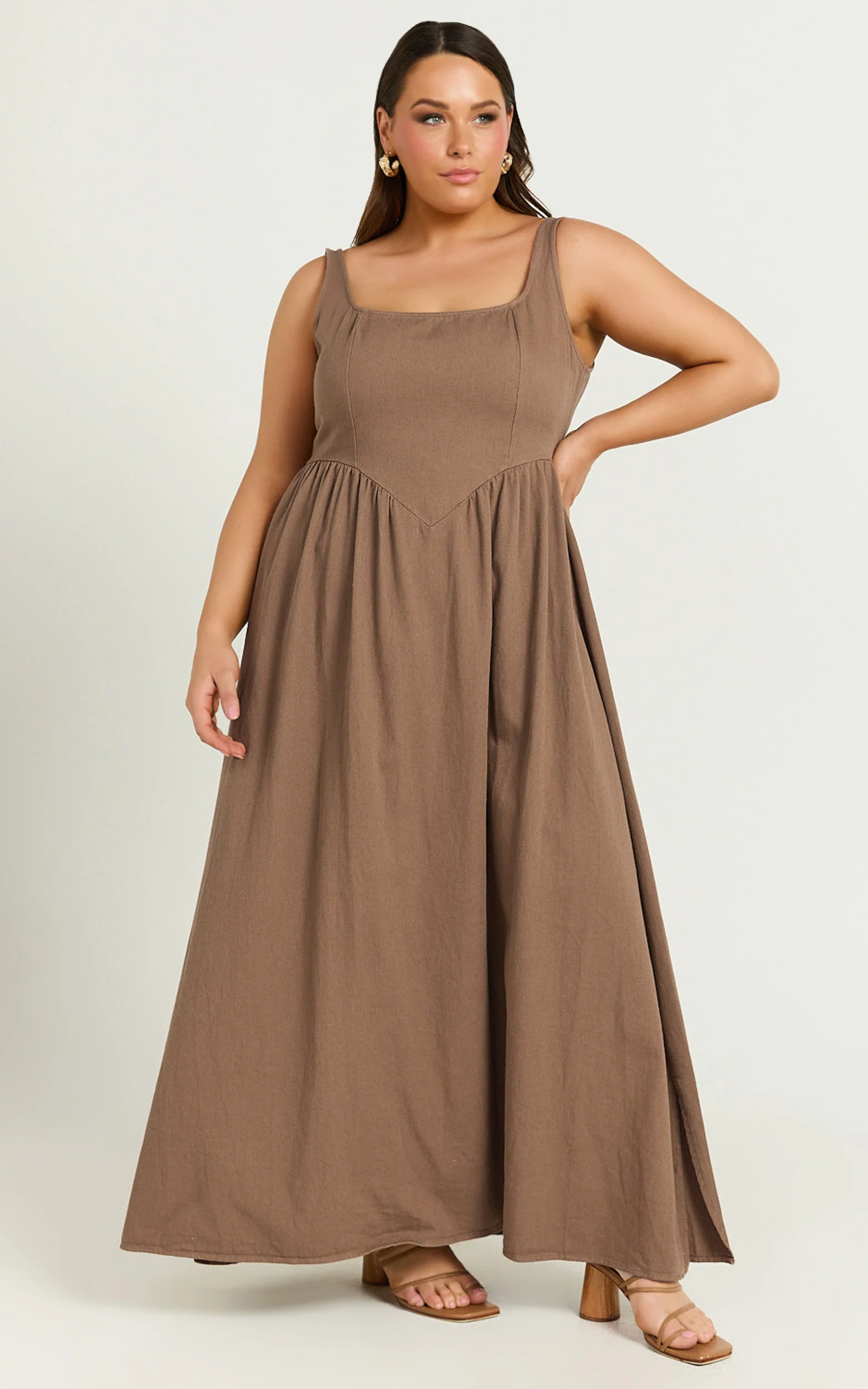 Rhaziya Midi Dress - Sleeveless Straight Neck Fit and Flare Dress in Tobacco - Image 11