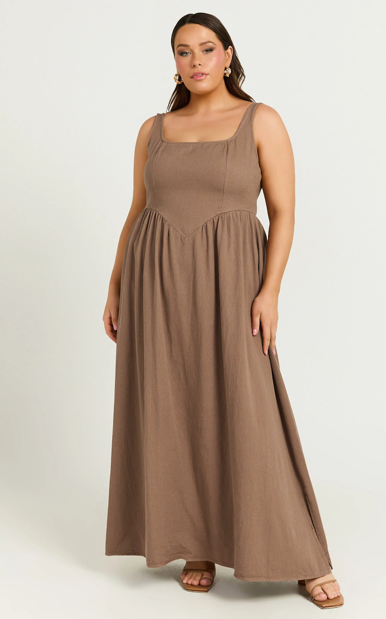 Rhaziya Midi Dress - Sleeveless Straight Neck Fit and Flare Dress in Tobacco - Image 2