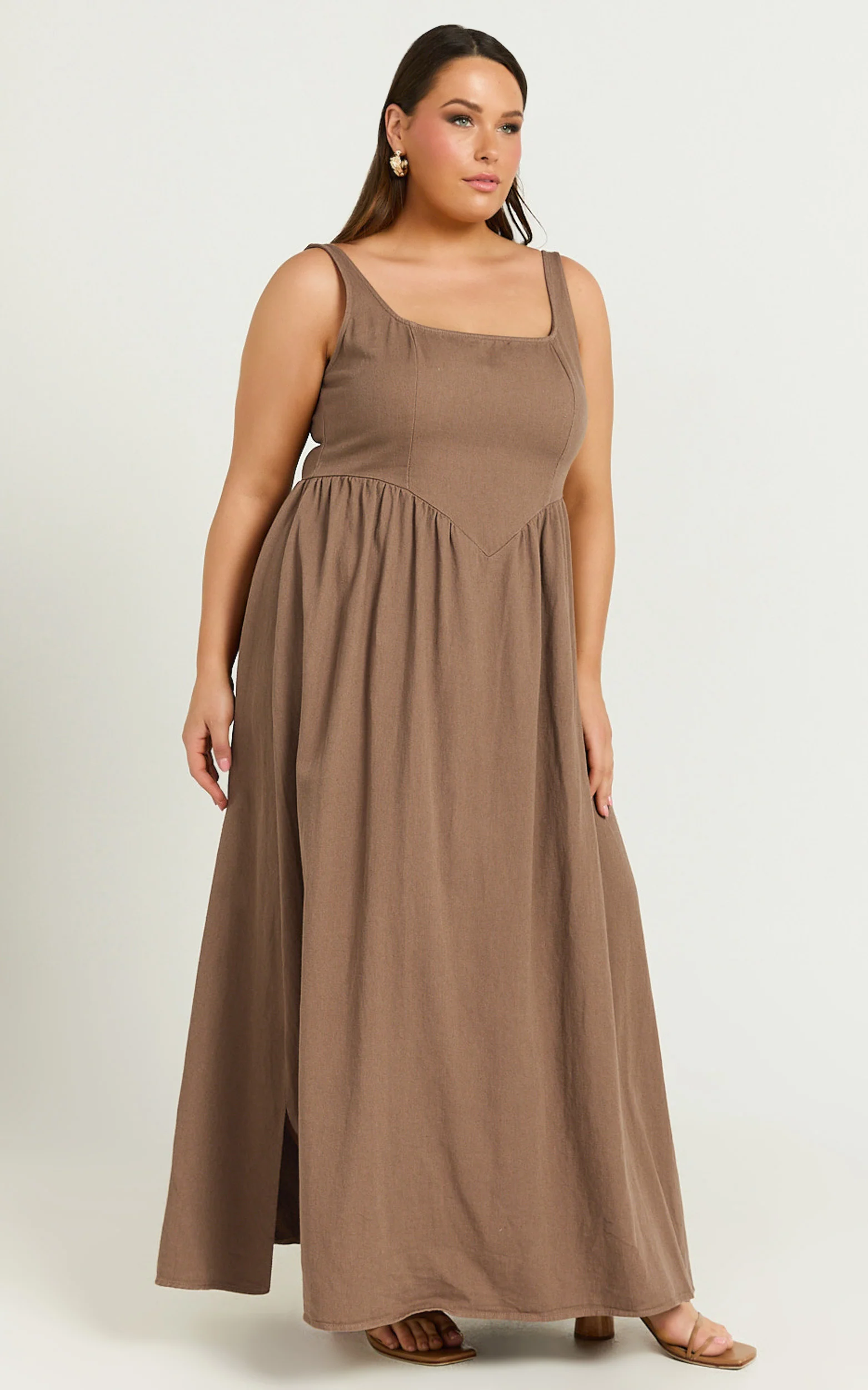 Rhaziya Midi Dress - Sleeveless Straight Neck Fit and Flare Dress in Tobacco - Image 4