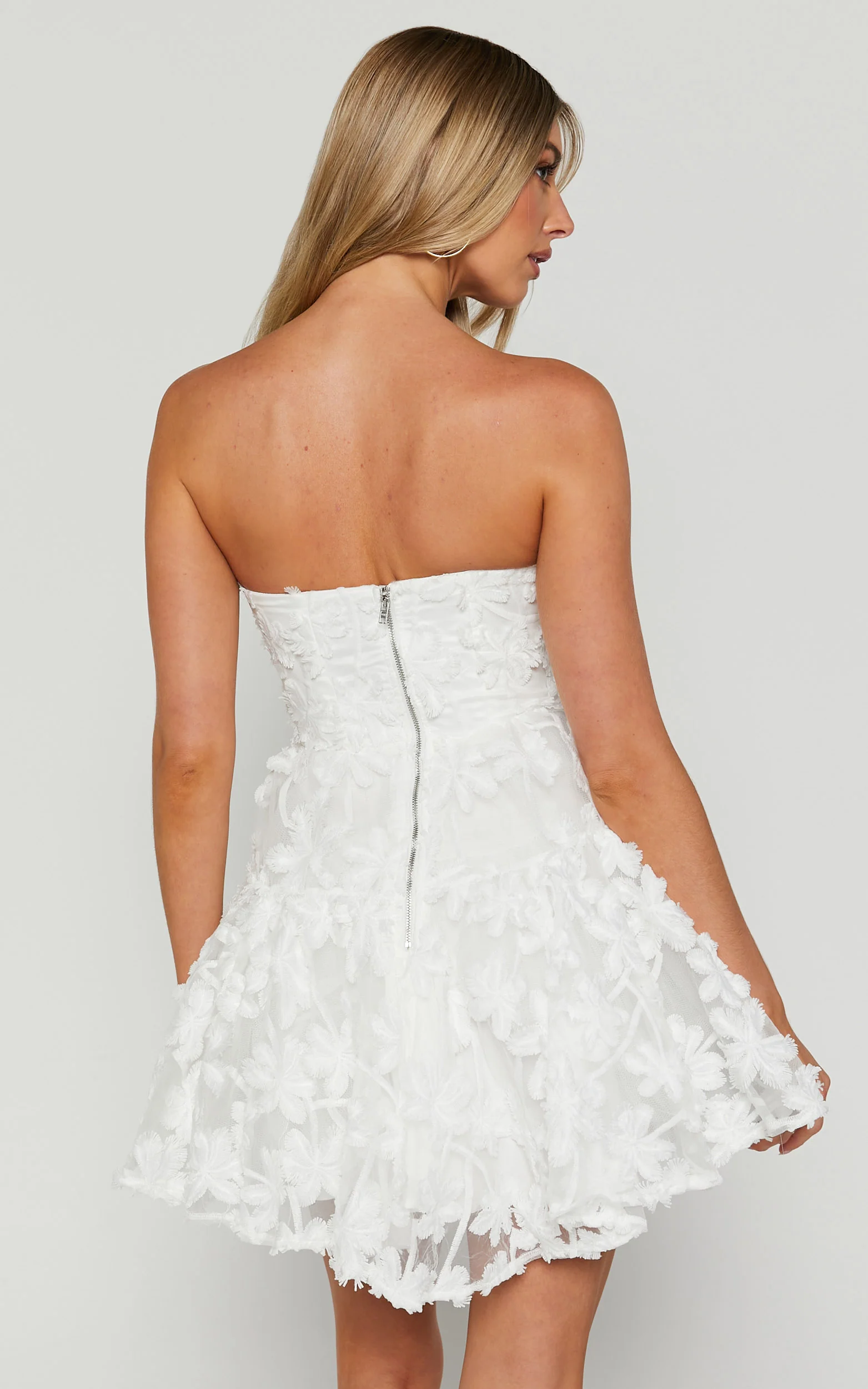 Rheiva Mini Dress - Strapless 3D Embroidery Dress in White - Image 7
