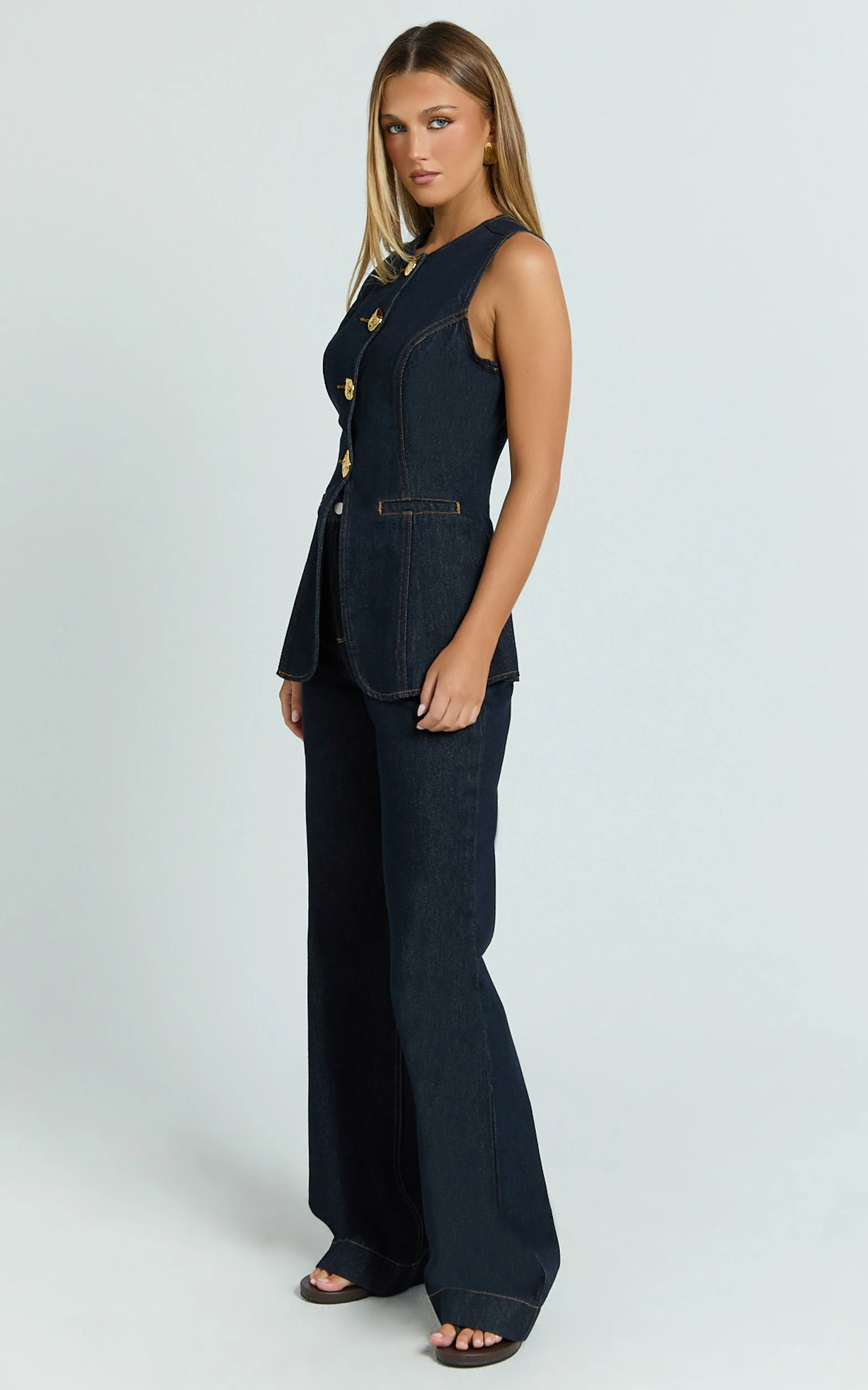 Rhianna Top - Button Down Longline Recycled Denim Vest Top in Raw Denim - Image 5