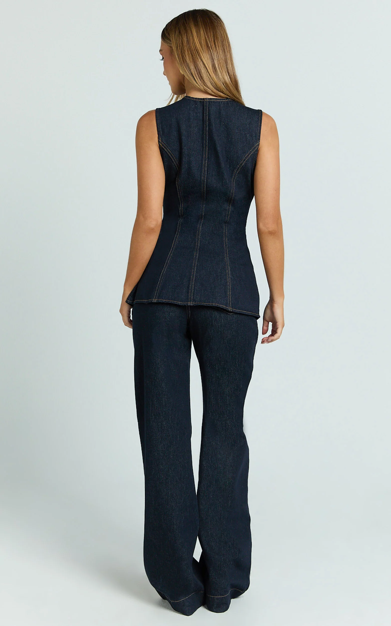 Rhianna Top - Button Down Longline Recycled Denim Vest Top in Raw Denim - Image 6