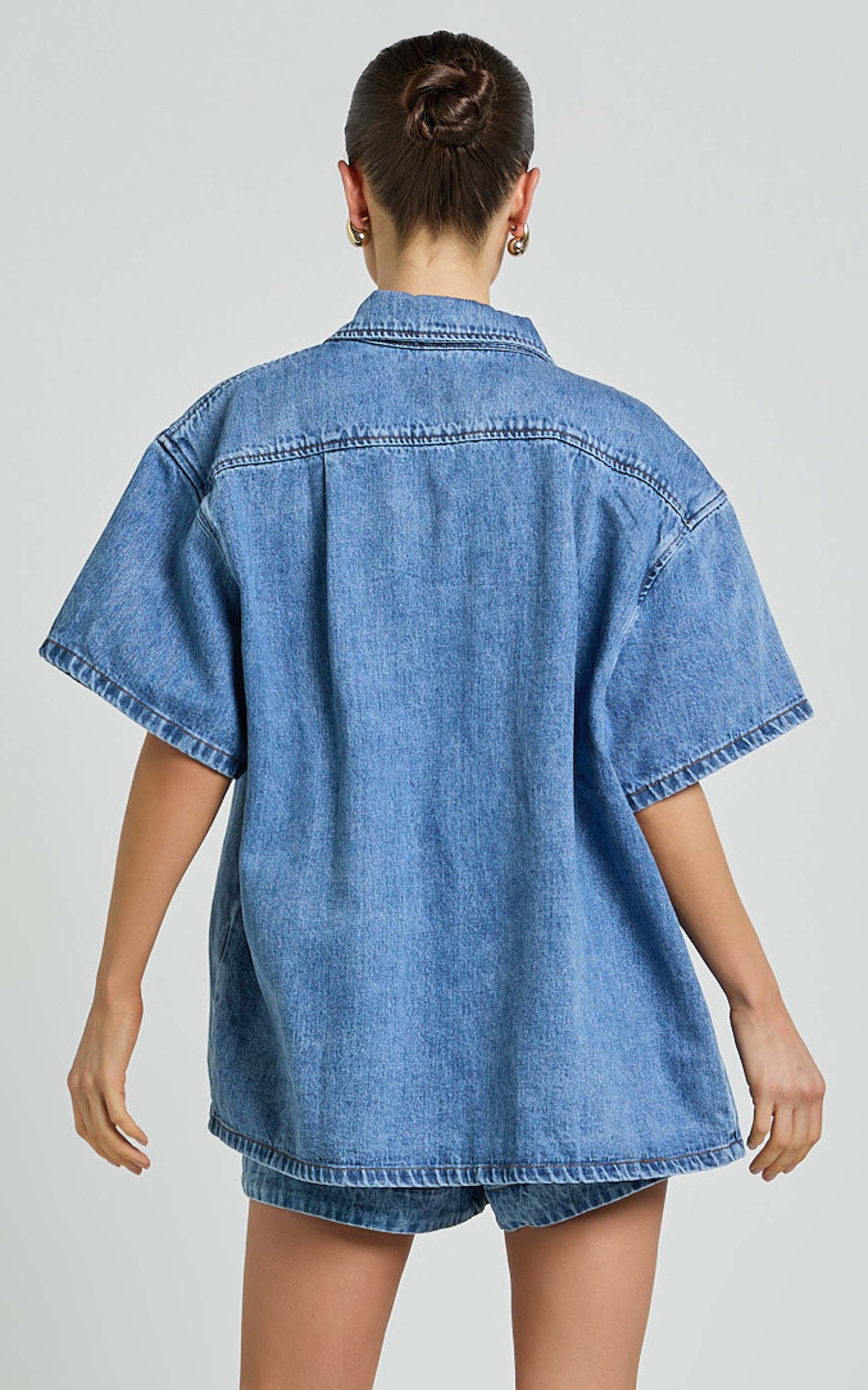 Rhianna Top - Oversized Recycled Denim Short Sleeve Shirt in Mid Blue Wash - Image 9