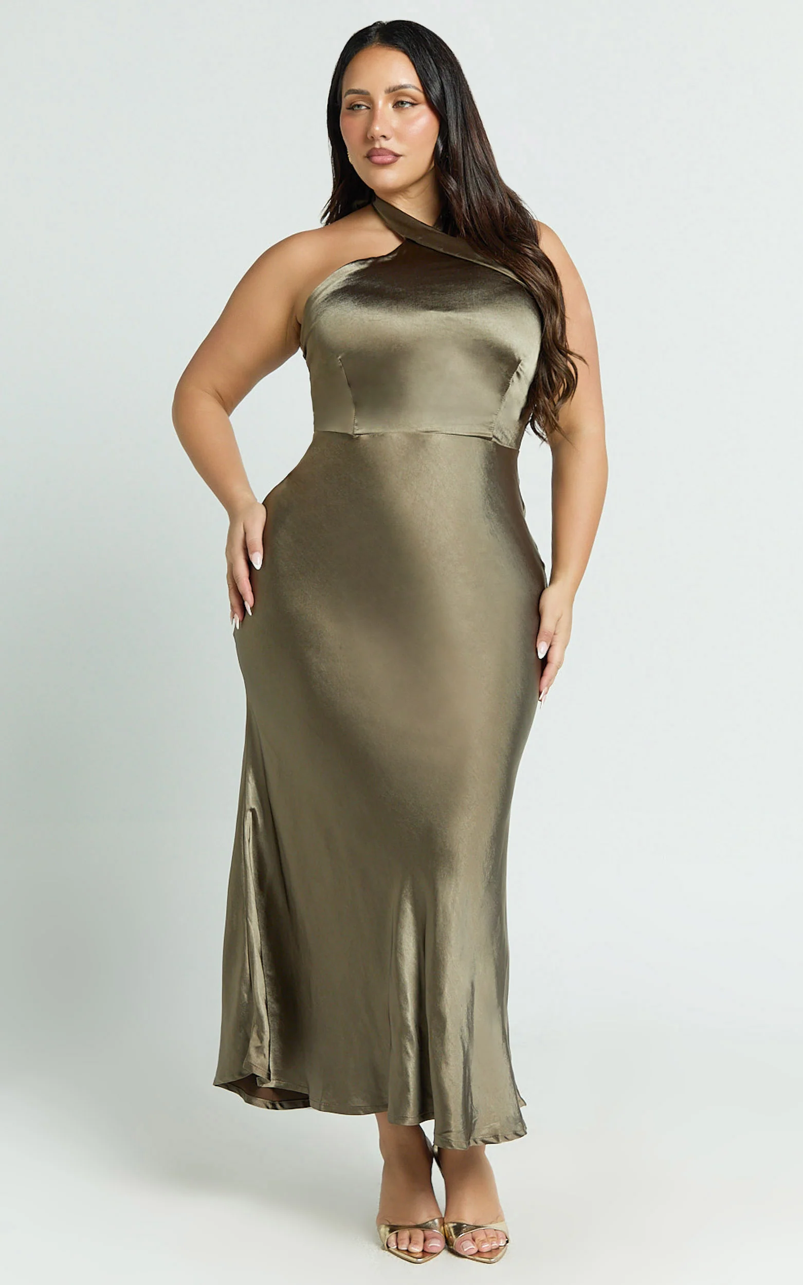 Rhianne Midi Dress - Twist Halter Neck Open Back Satin Dress in Olive - Image 9