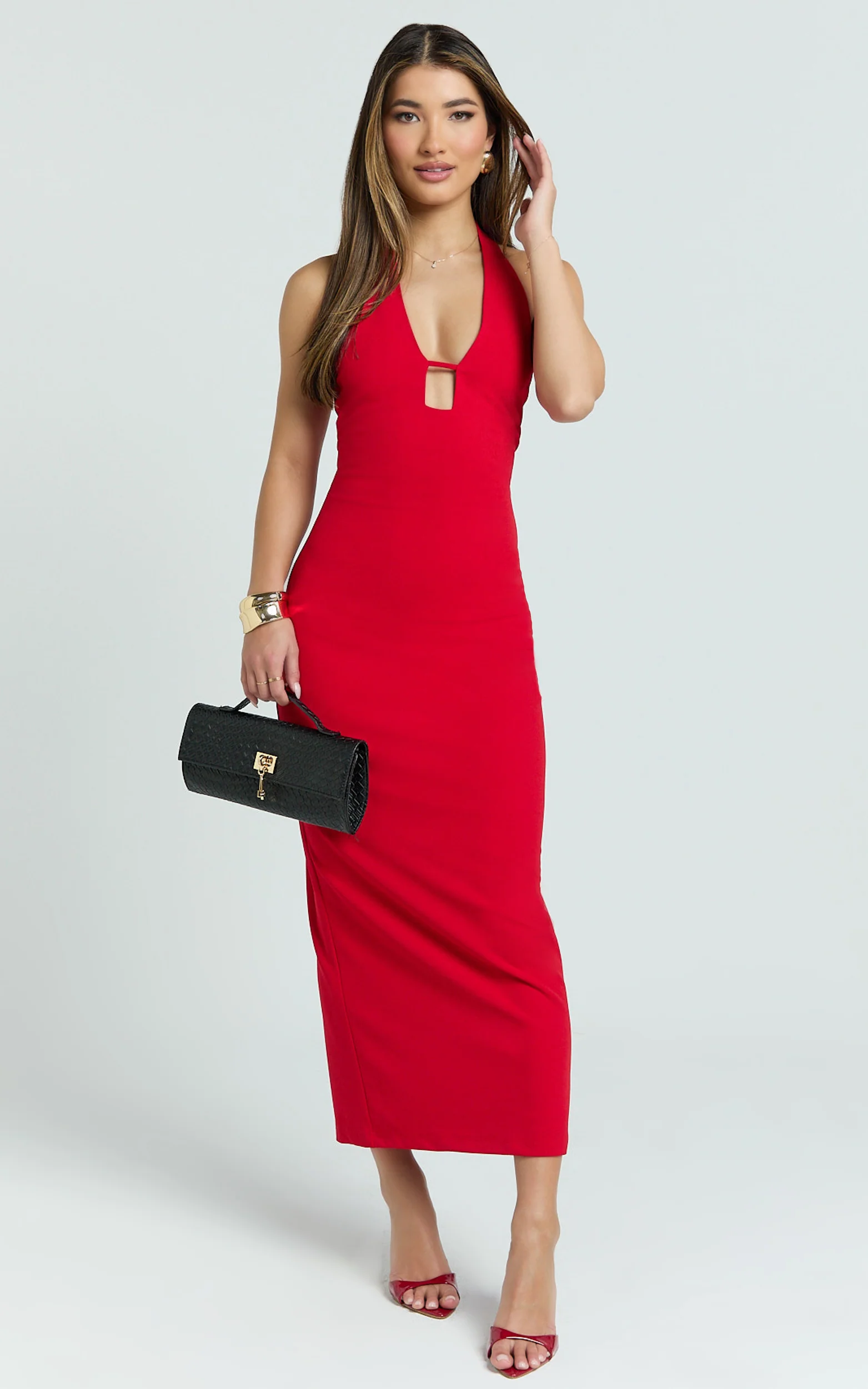 Ricki Maxi Dress - Plunge Halter Low Back Bodycon Dress in Rose Red - Image 4