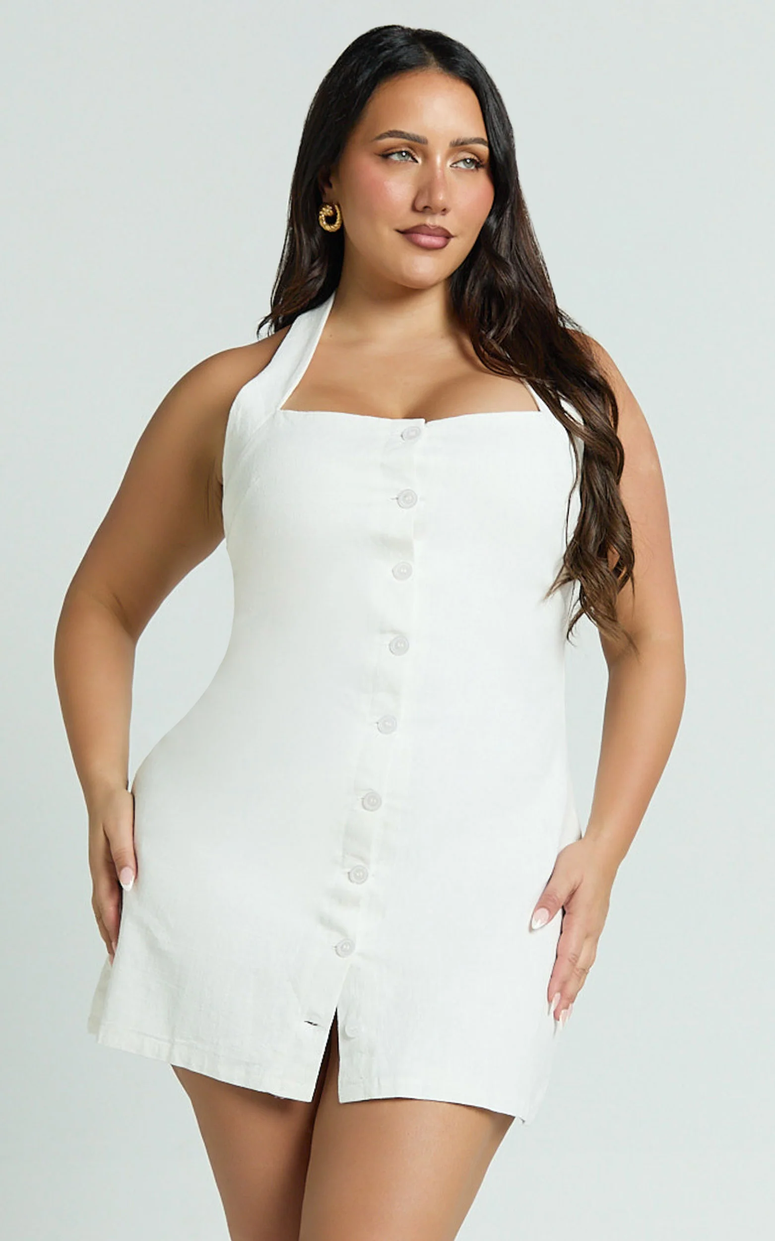 Ricki Mini Dress - Linen Halter Neck Shift Dress in White - Image 2