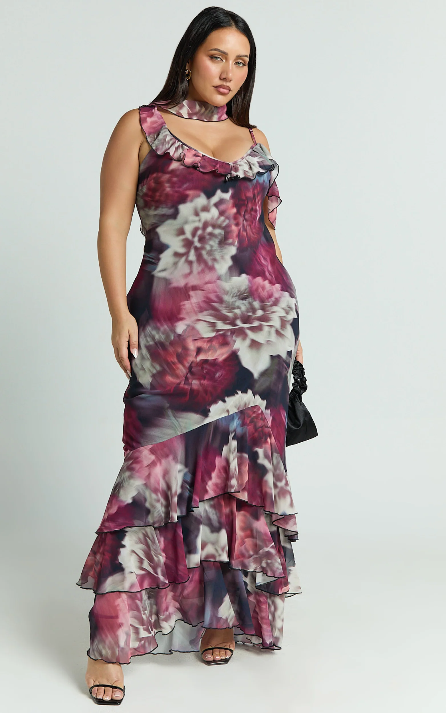 Riley Maxi Dress - Asymmetric Ruffle Detail Maxi Dress in Mariache Rose - Image 3