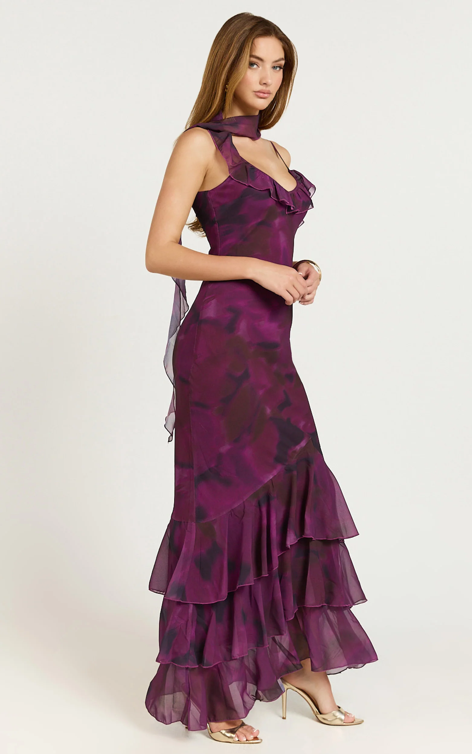 Riley Maxi Dress - Asymmetric Ruffle Detail Maxi Dress in Royal Adeana - Image 4