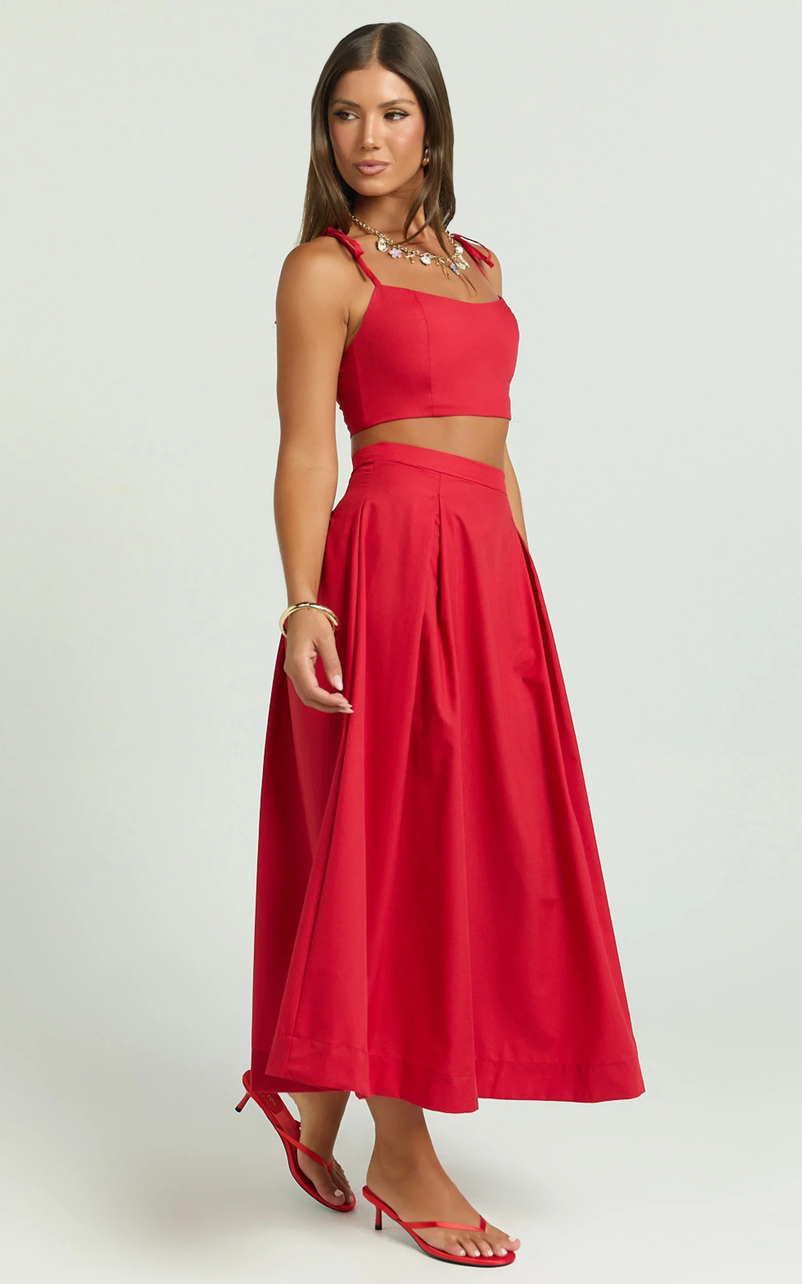 Rosalee Two Piece Top and Skirt Set - Strappy Crop Top and High Waisted A Line Midi Skirt Set in Red - Image 2