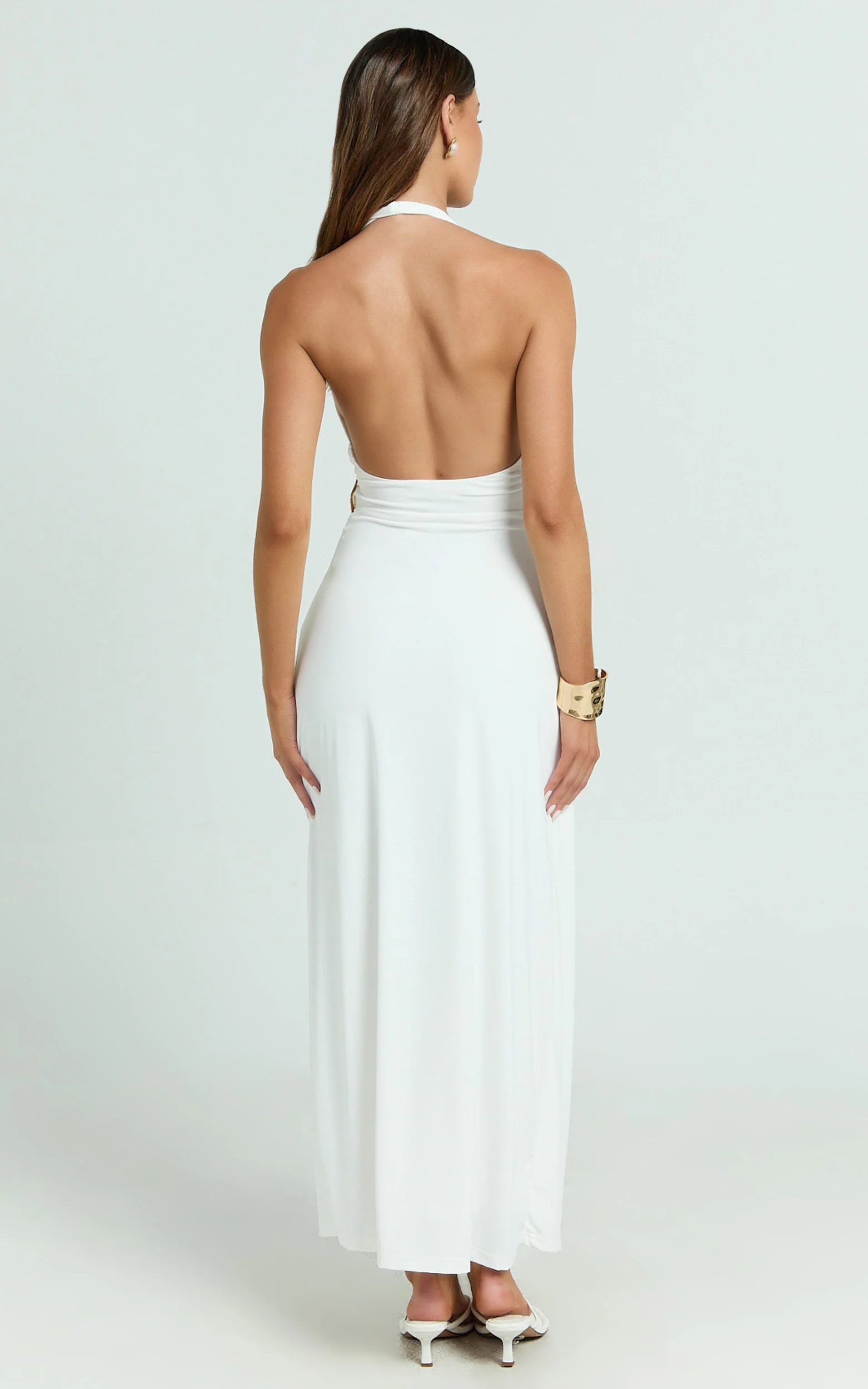 Roseville Midi - Wrap Front Halter Dress with Hardware Detail in White - Image 7