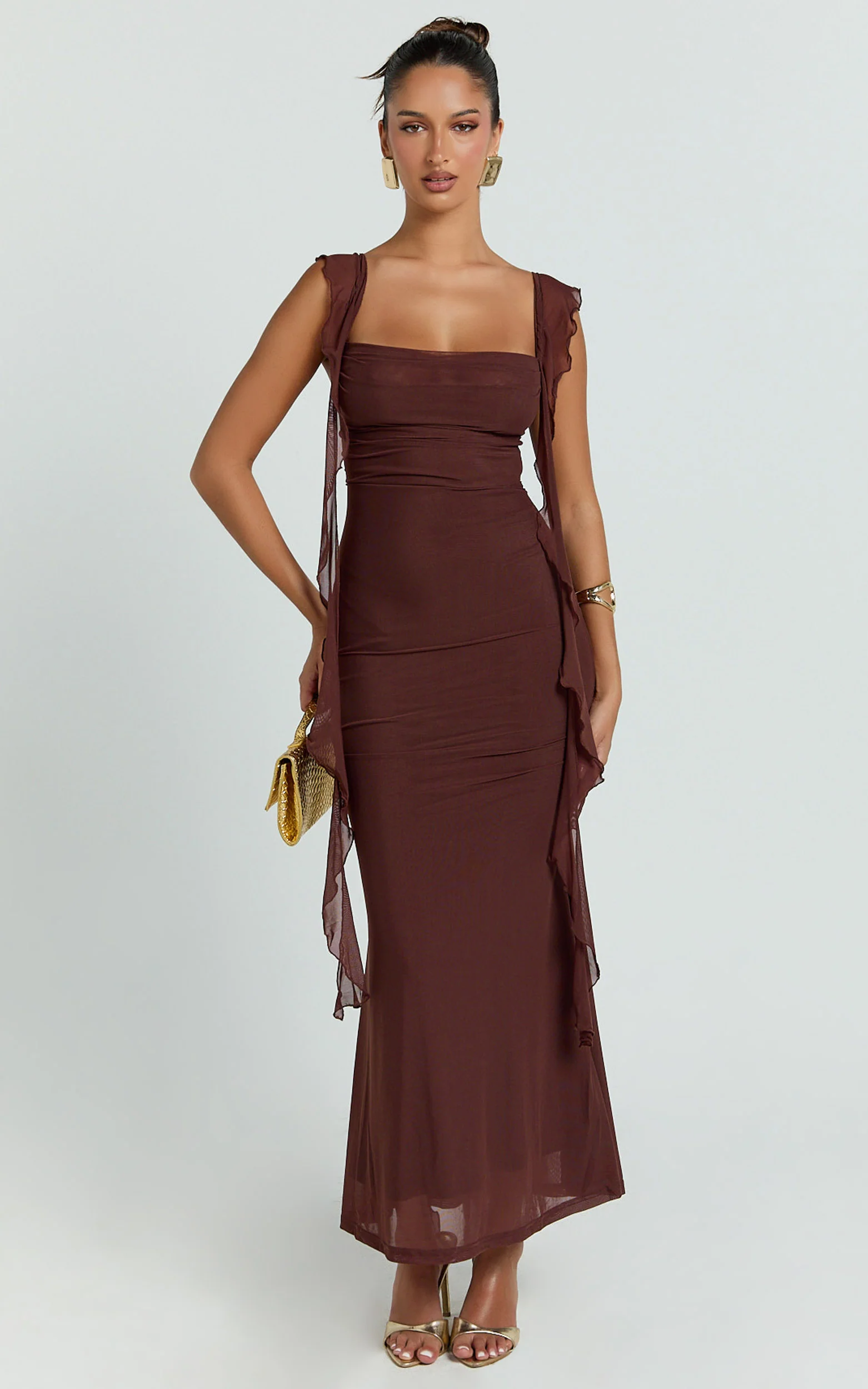 Rosha Midi Dress - Ruffle Strap Dress in Chocolate - Image 3