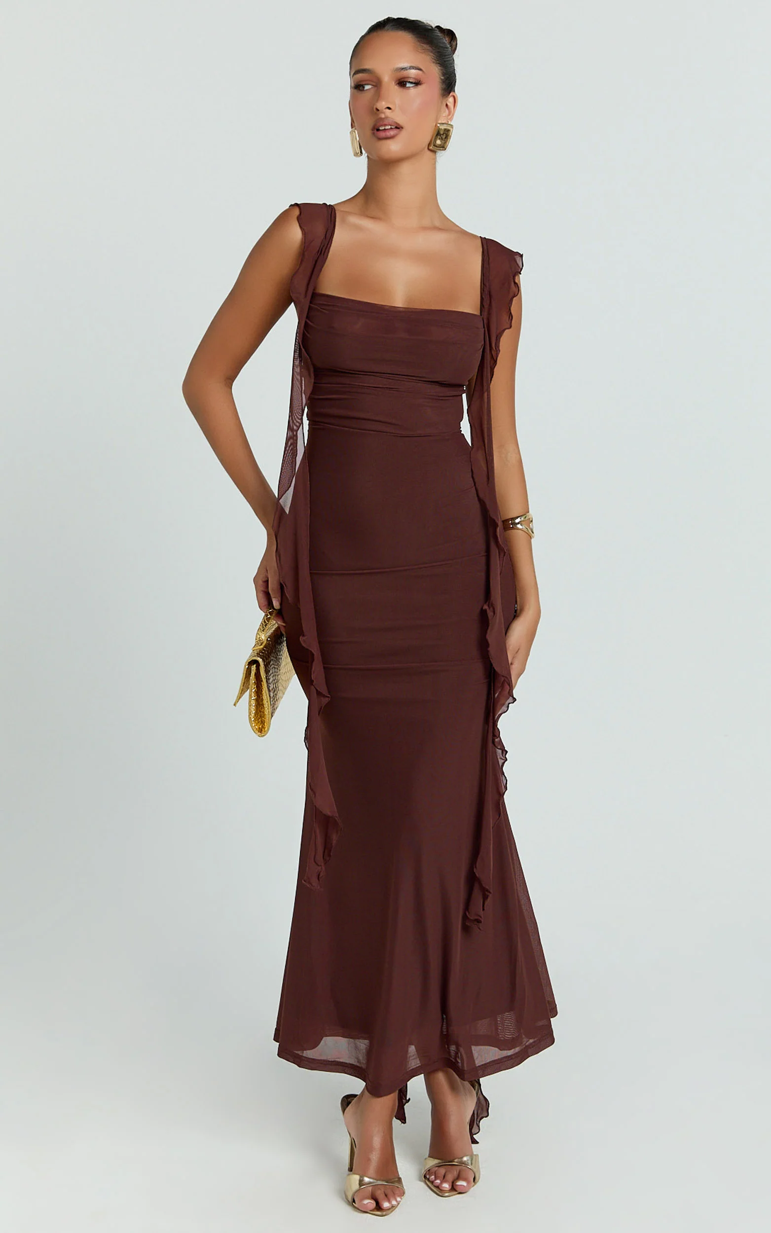 Rosha Midi Dress - Ruffle Strap Dress in Chocolate - Image 4