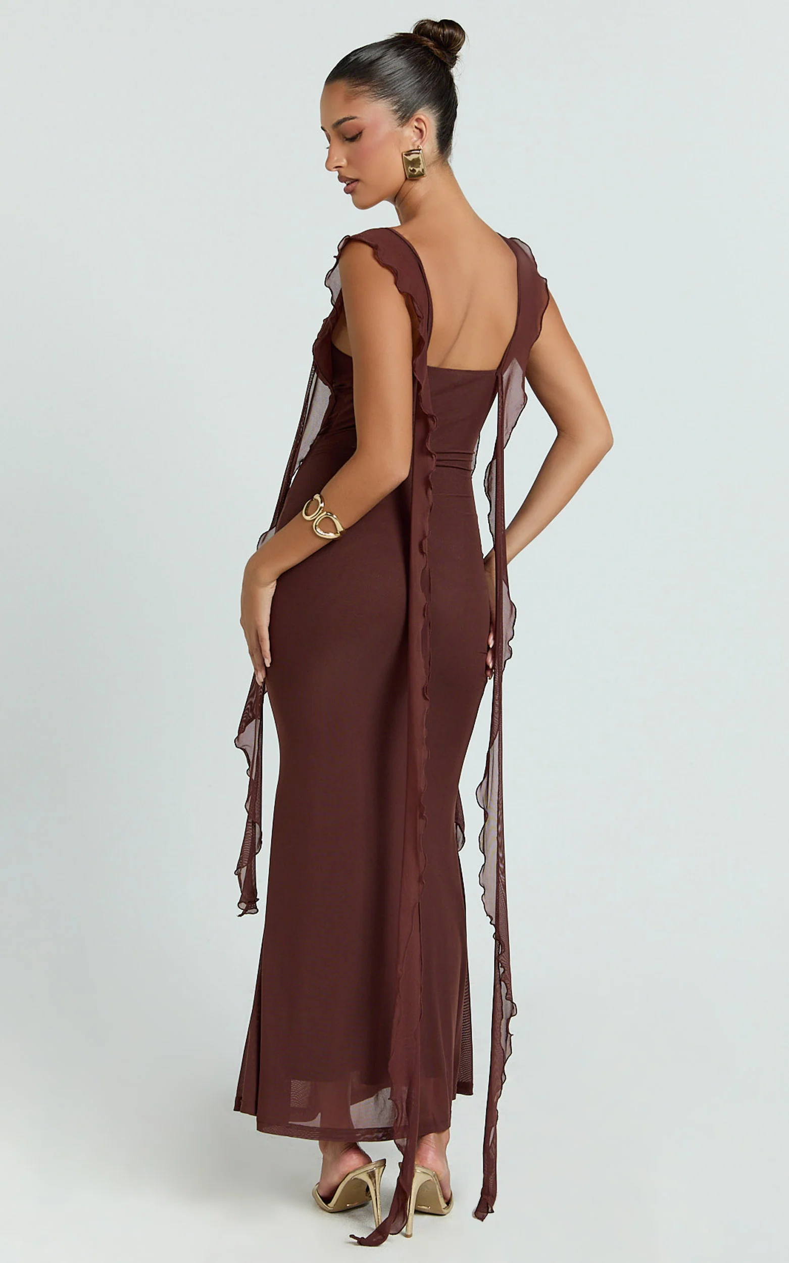 Rosha Midi Dress - Ruffle Strap Dress in Chocolate - Image 5