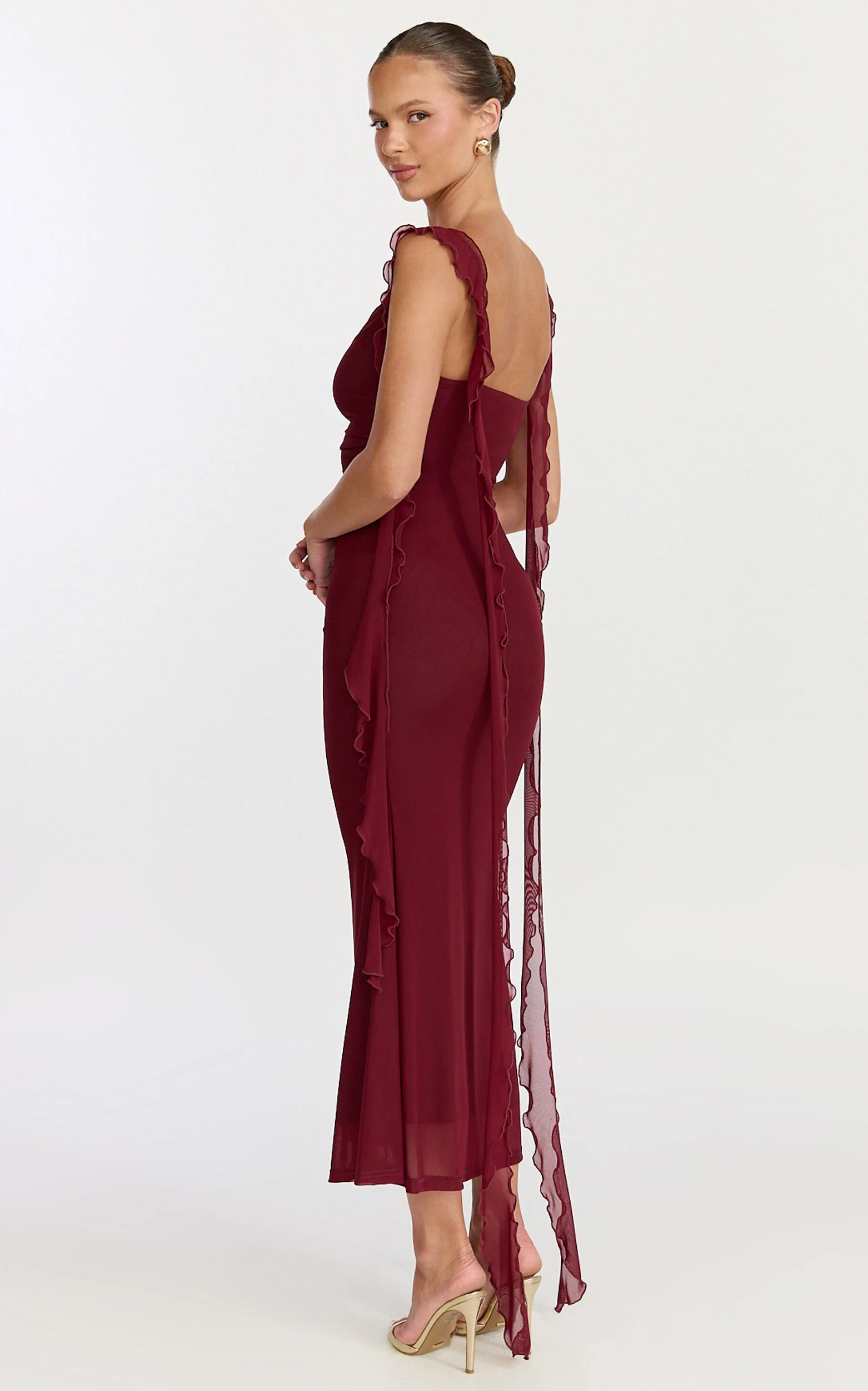 Rosha Midi Dress - Ruffle Strap Dress in Wine - Image 3