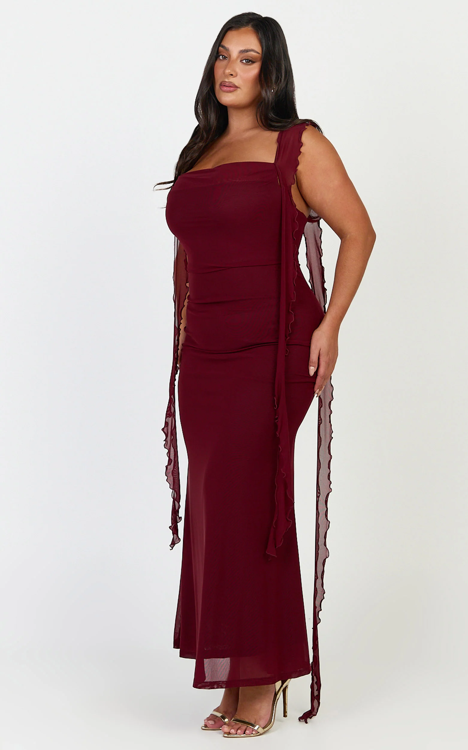 Rosha Midi Dress - Ruffle Strap Dress in Wine - Image 4