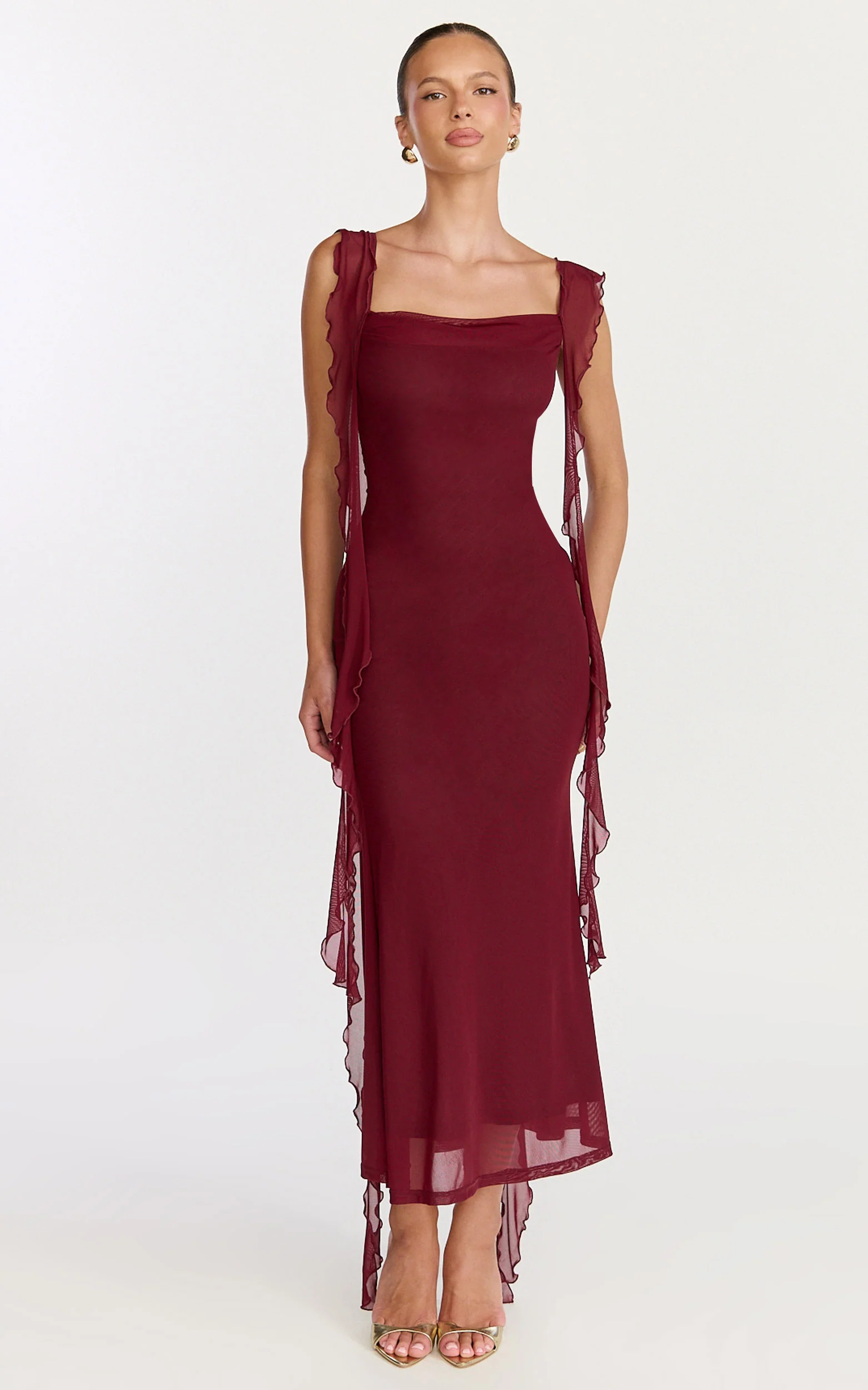 Rosha Midi Dress - Ruffle Strap Dress in Wine - Image 5