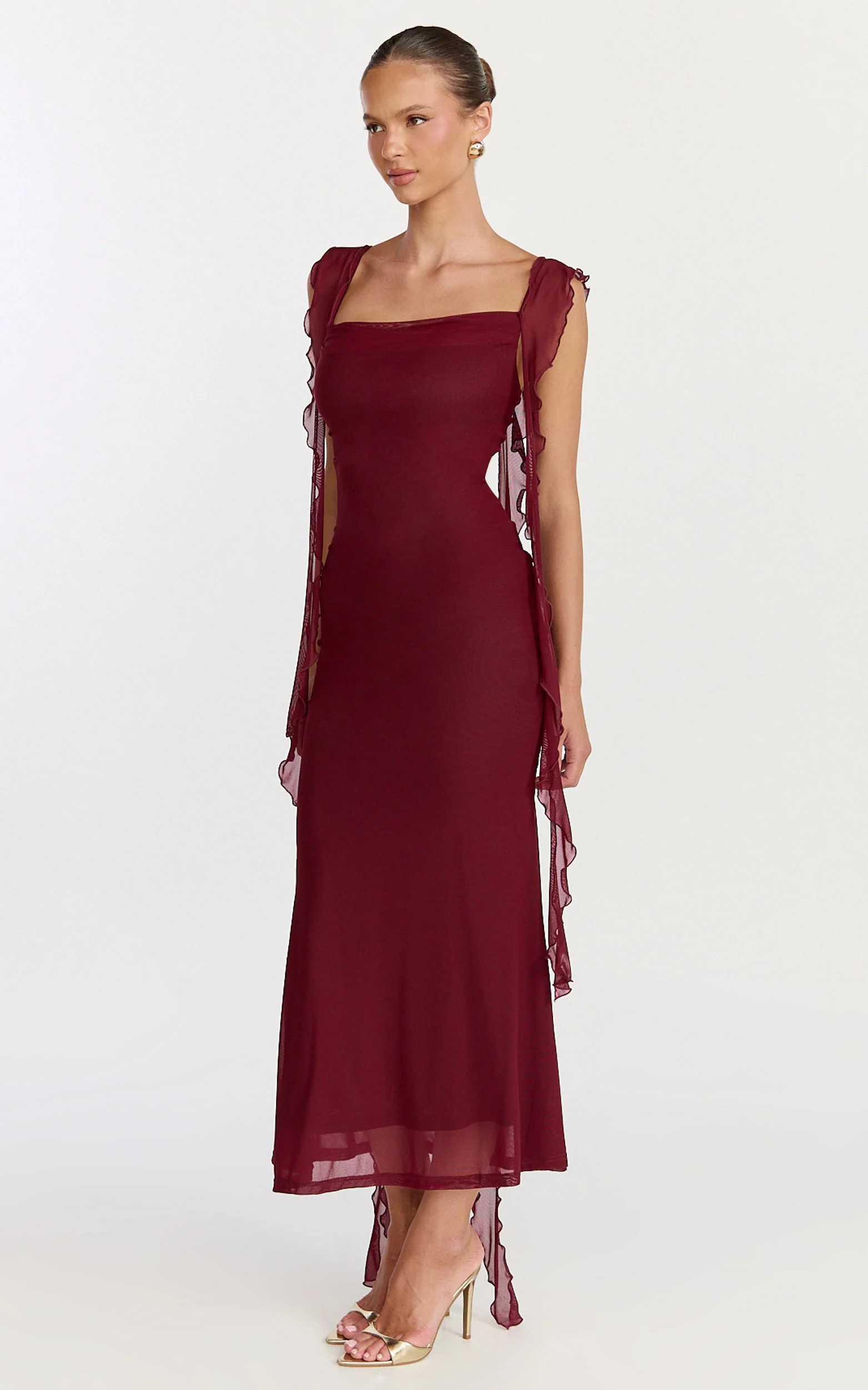 Rosha Midi Dress - Ruffle Strap Dress in Wine - Image 7