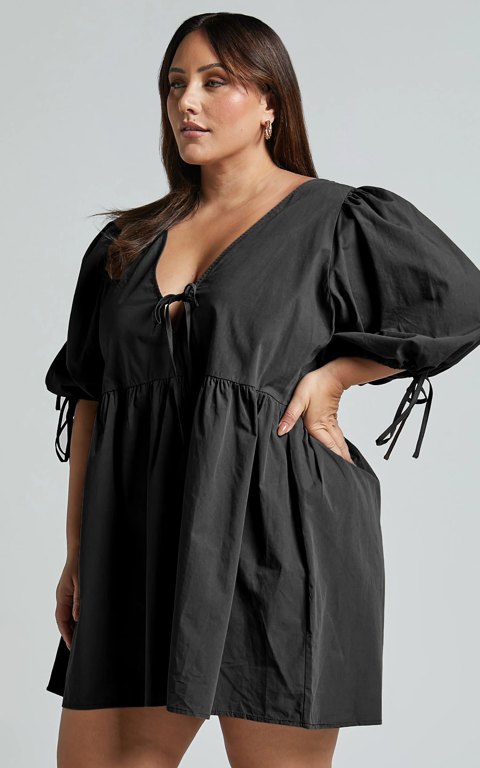 Rosita Mini Dress - Tie Front Puff Sleeve Dress in Black - Image 6