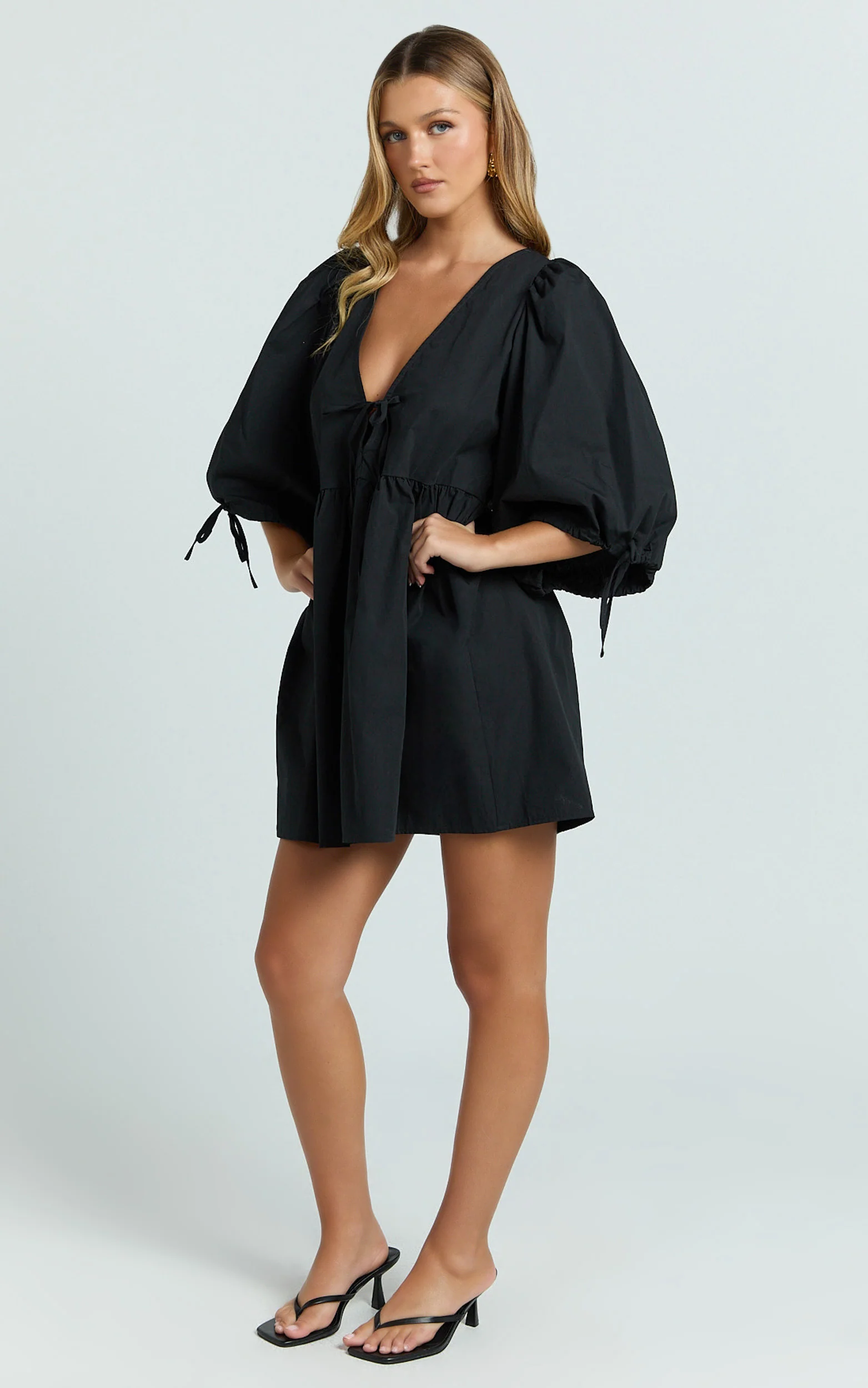 Rosita Mini Dress - Tie Front Puff Sleeve Dress in Black - Image 8