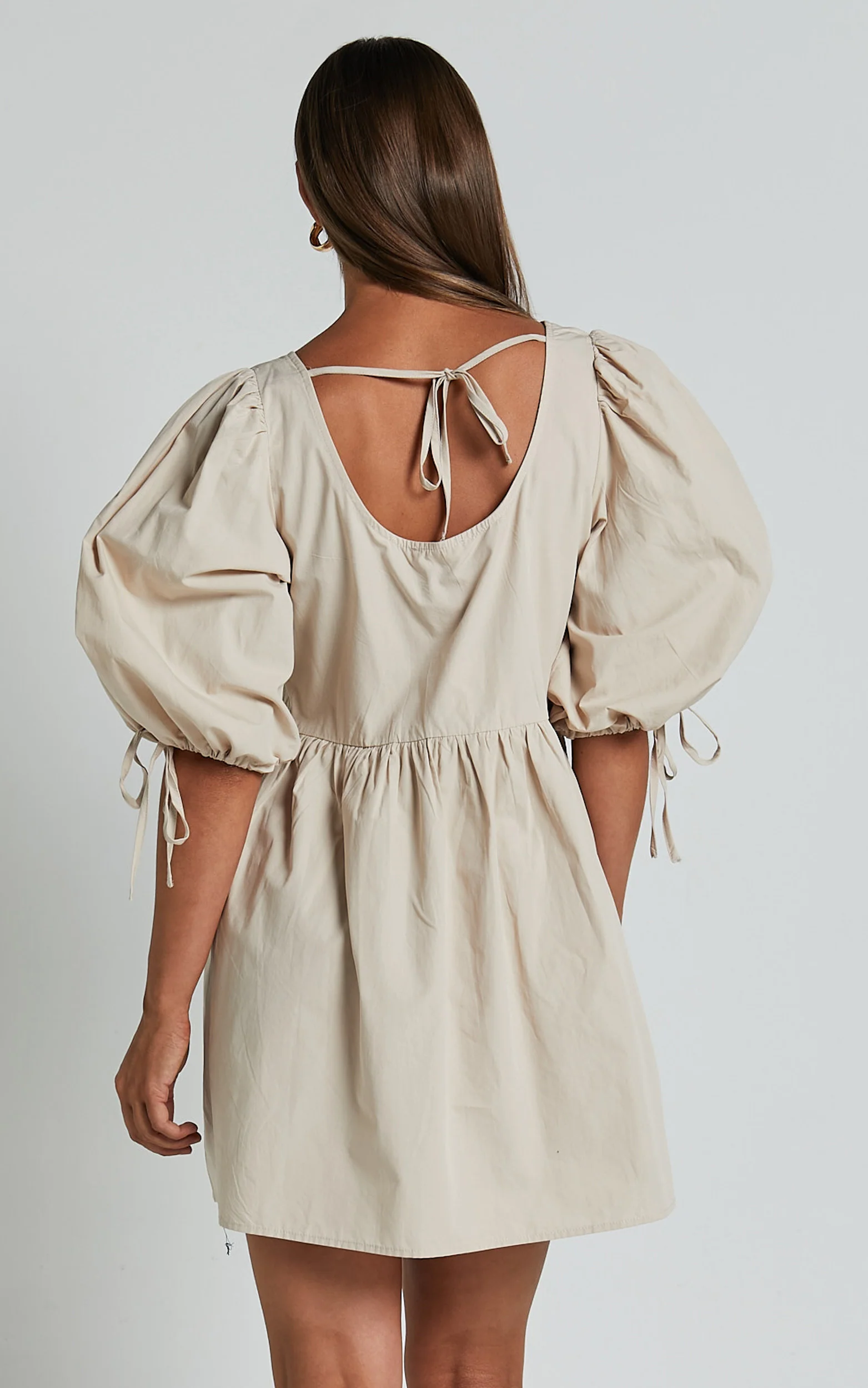 Rosita Mini Dress - Tie Front Puff Sleeve Dress in Stone - Image 8