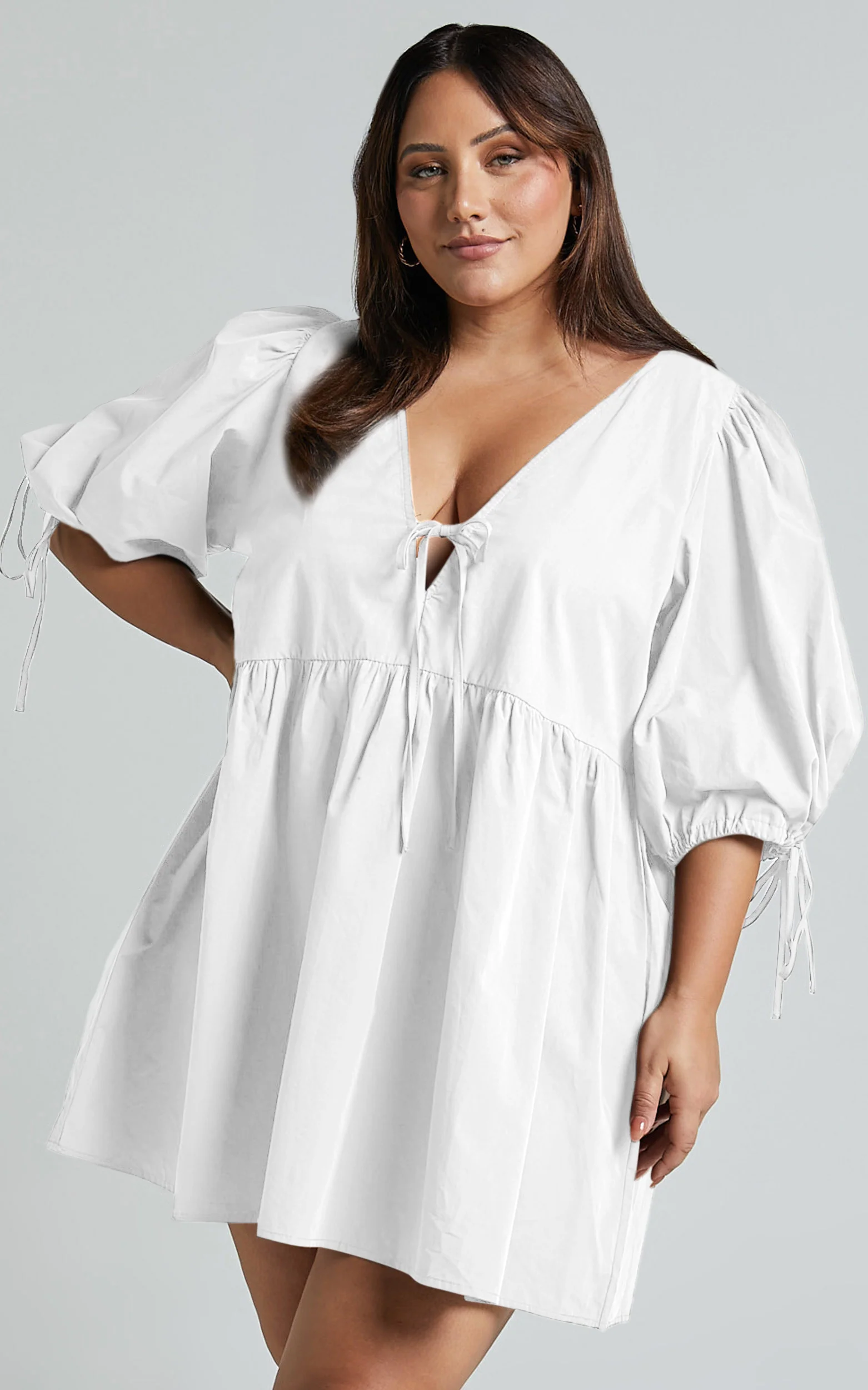Rosita Mini Dress - Tie Front Puff Sleeve Dress in White - Image 2