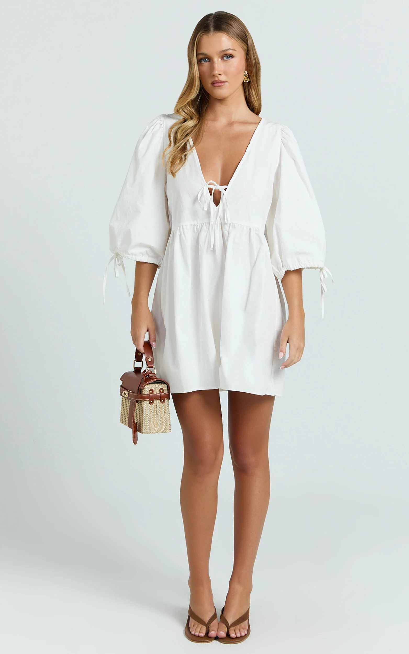 Rosita Mini Dress - Tie Front Puff Sleeve Dress in White - Image 3