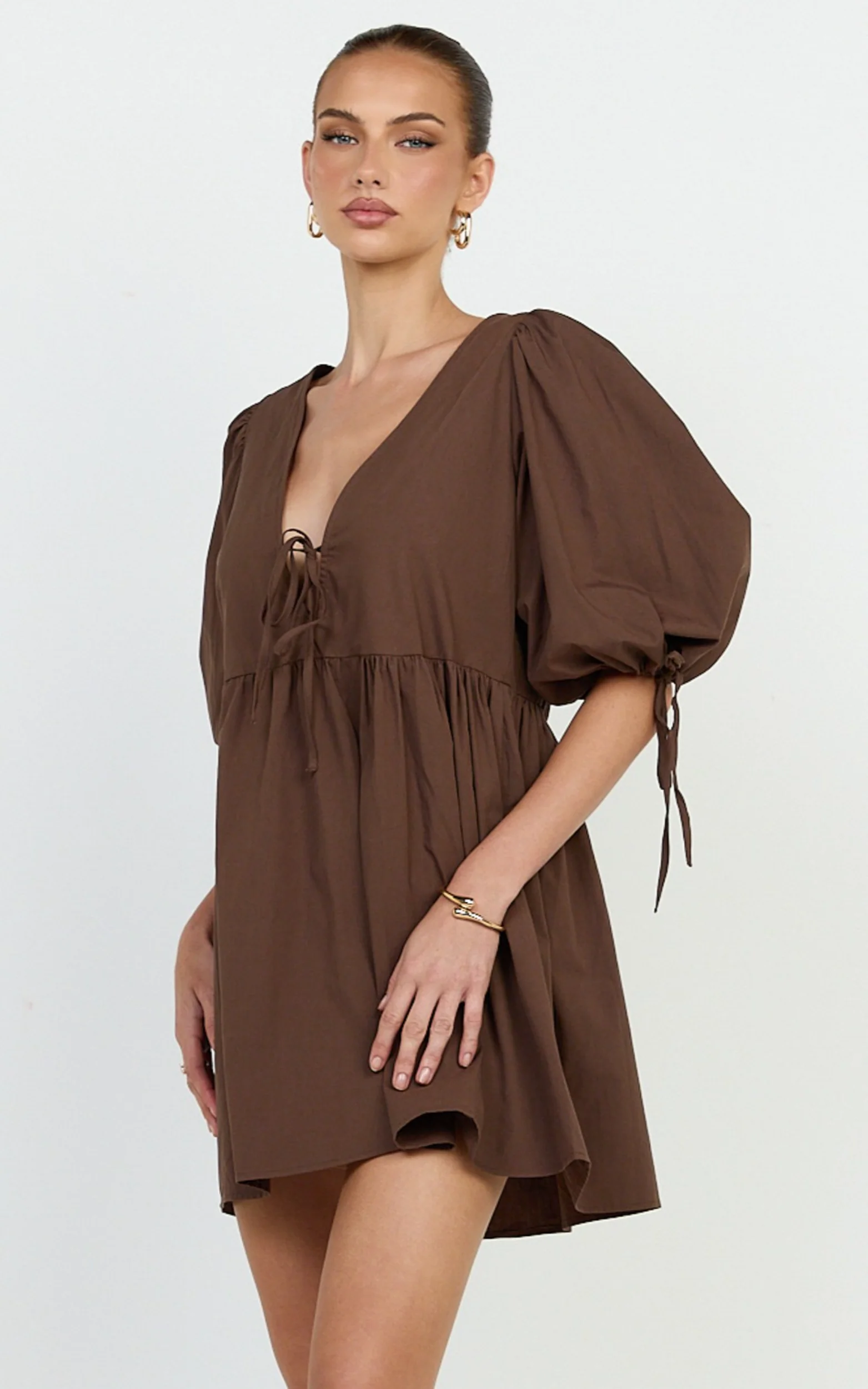 Rosita Mini Dress - Tie Front Puff Sleeve Dress in Chocolate - Image 5