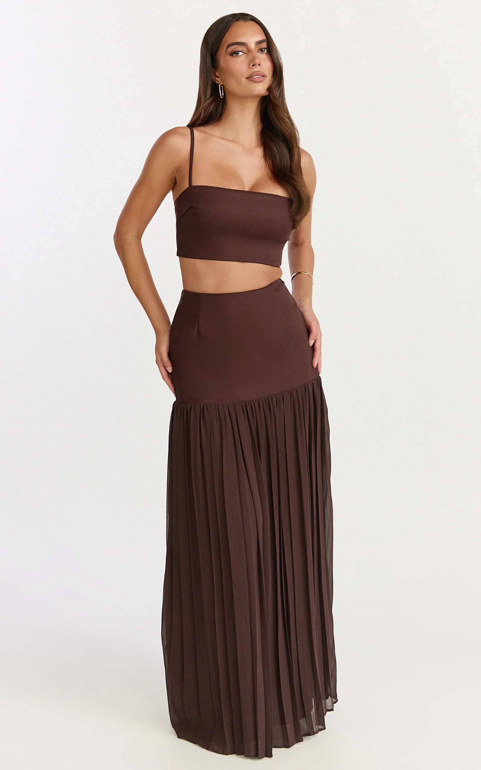 Rowan Two Piece Top and Skirt Set - Square Neck Crop Top and High Waist Pleated Maxi Skirt Set in Chocolate - Image 3