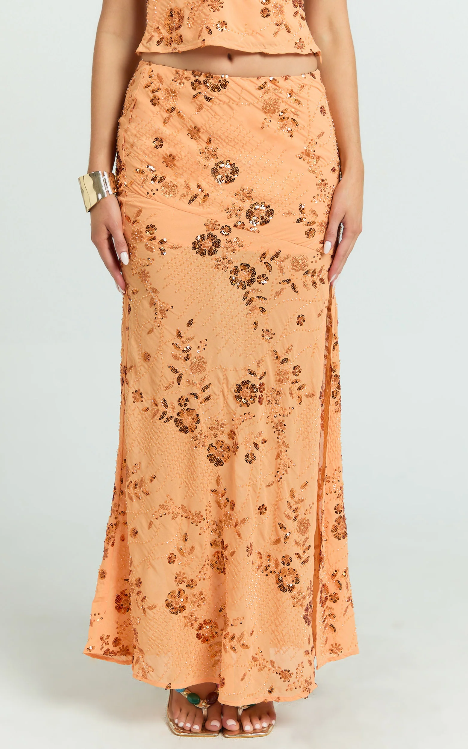 Rowena Maxi Skirt - Low Waisted Beaded Sequin Skirt in Orange - Image 3
