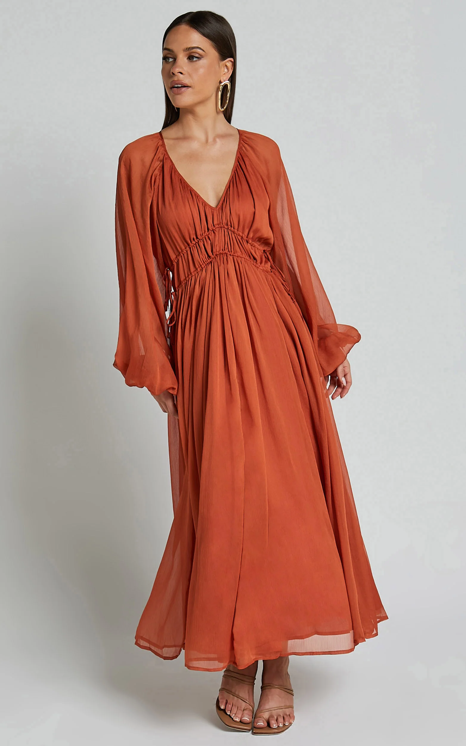 Roxanna Midi Dress - Long Sleeve Ruched Waist Dress in Rust - Image 4
