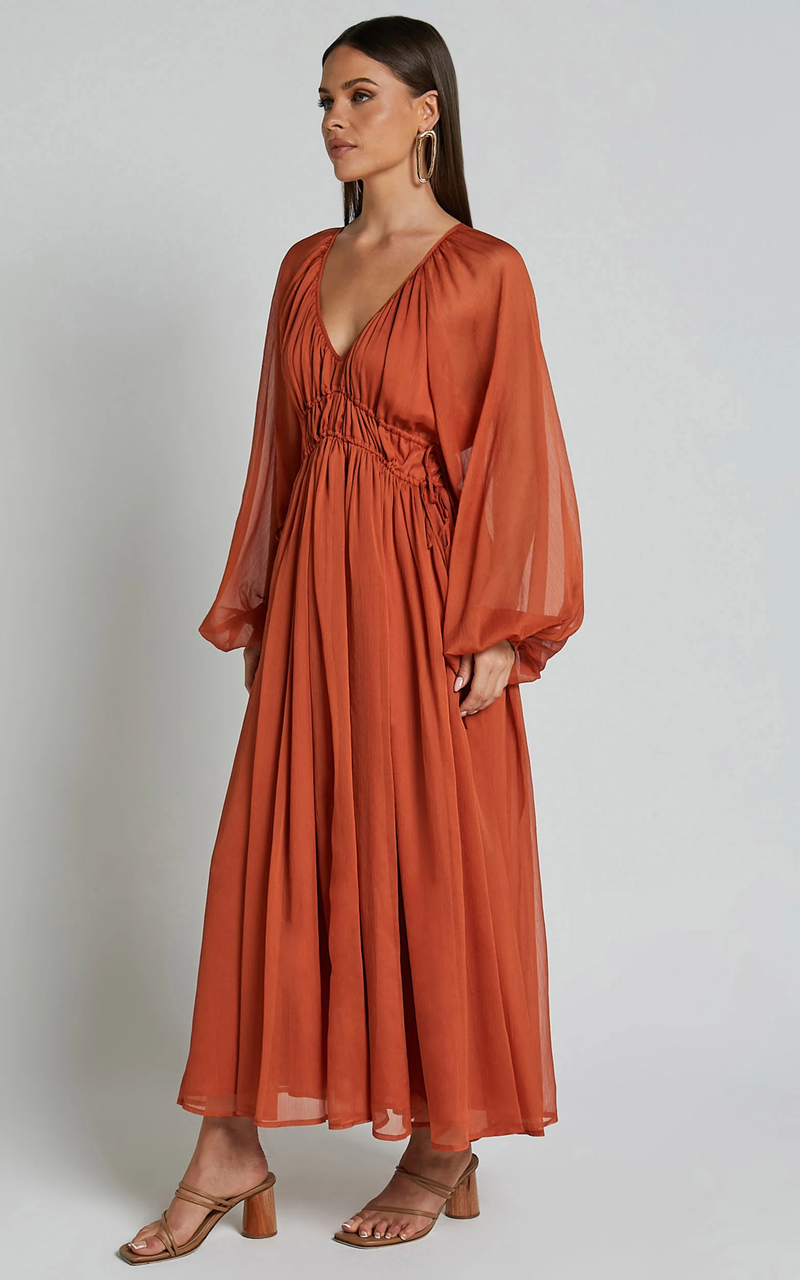 Roxanna Midi Dress - Long Sleeve Ruched Waist Dress in Rust - Image 5