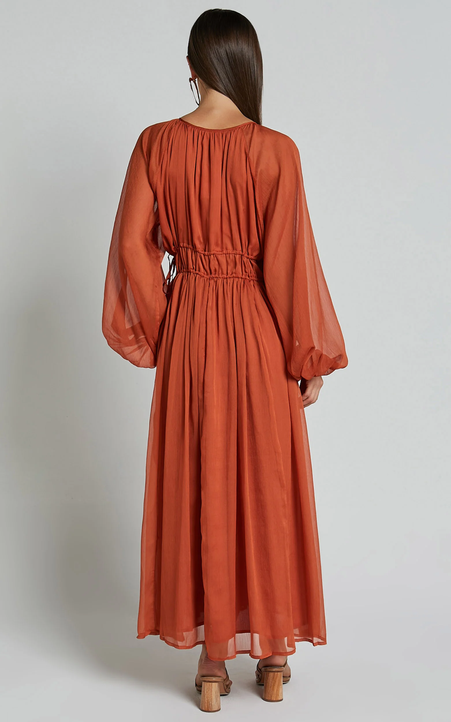 Roxanna Midi Dress - Long Sleeve Ruched Waist Dress in Rust - Image 6