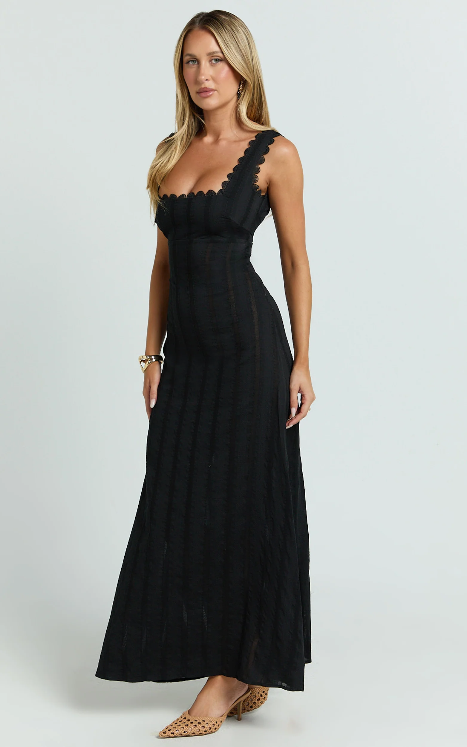 Roxanne Midi Dress - Square Neck Fit And Flare Dress in Black - Image 2