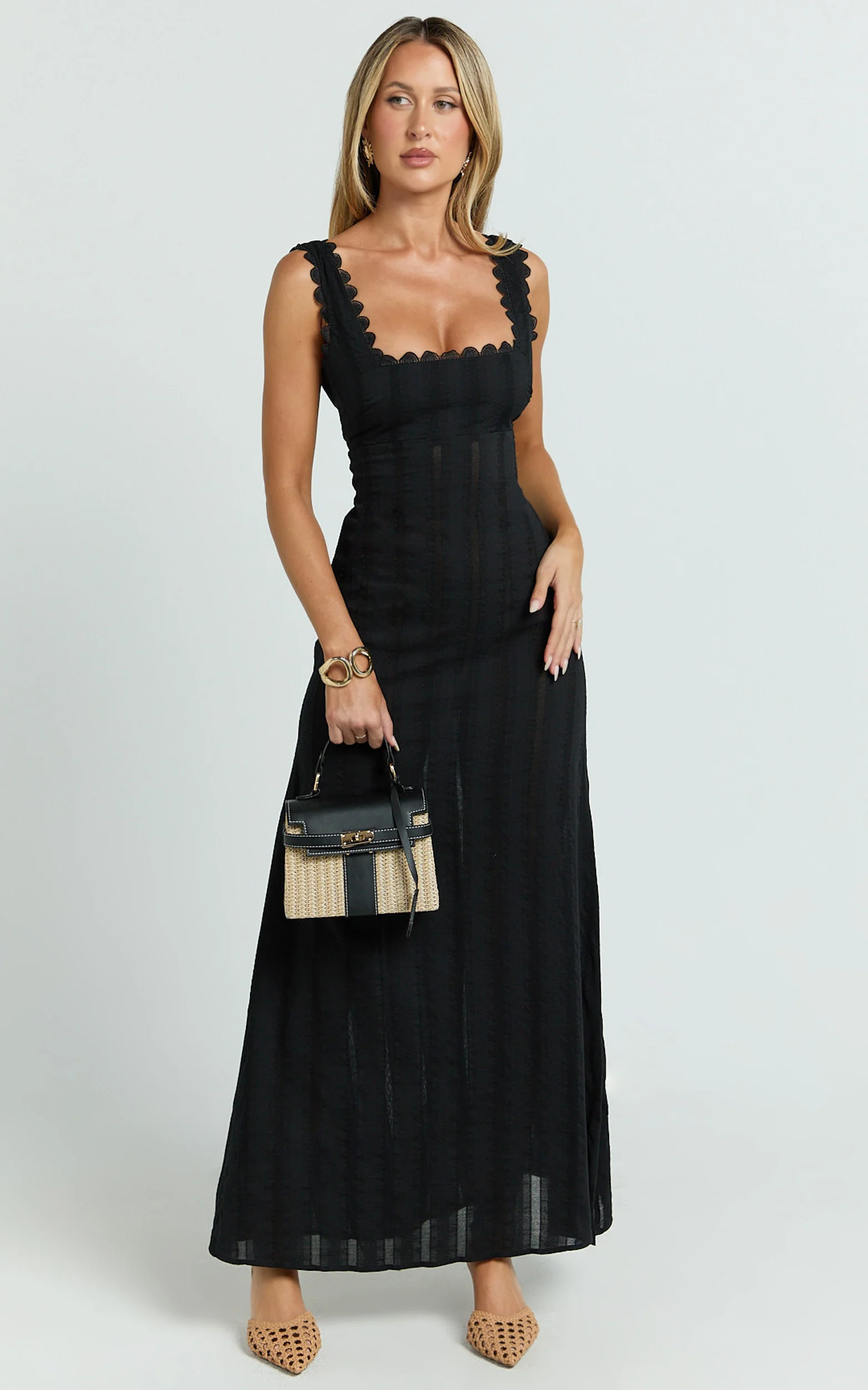 Roxanne Midi Dress - Square Neck Fit And Flare Dress in Black - Image 3