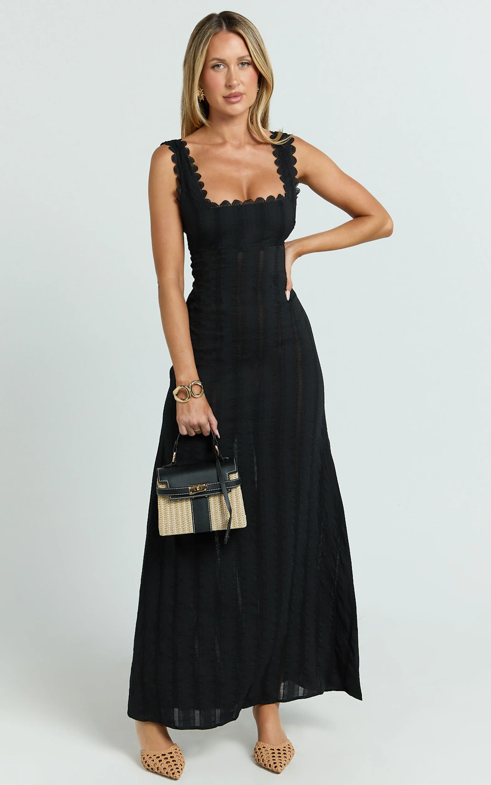Roxanne Midi Dress - Square Neck Fit And Flare Dress in Black - Image 4