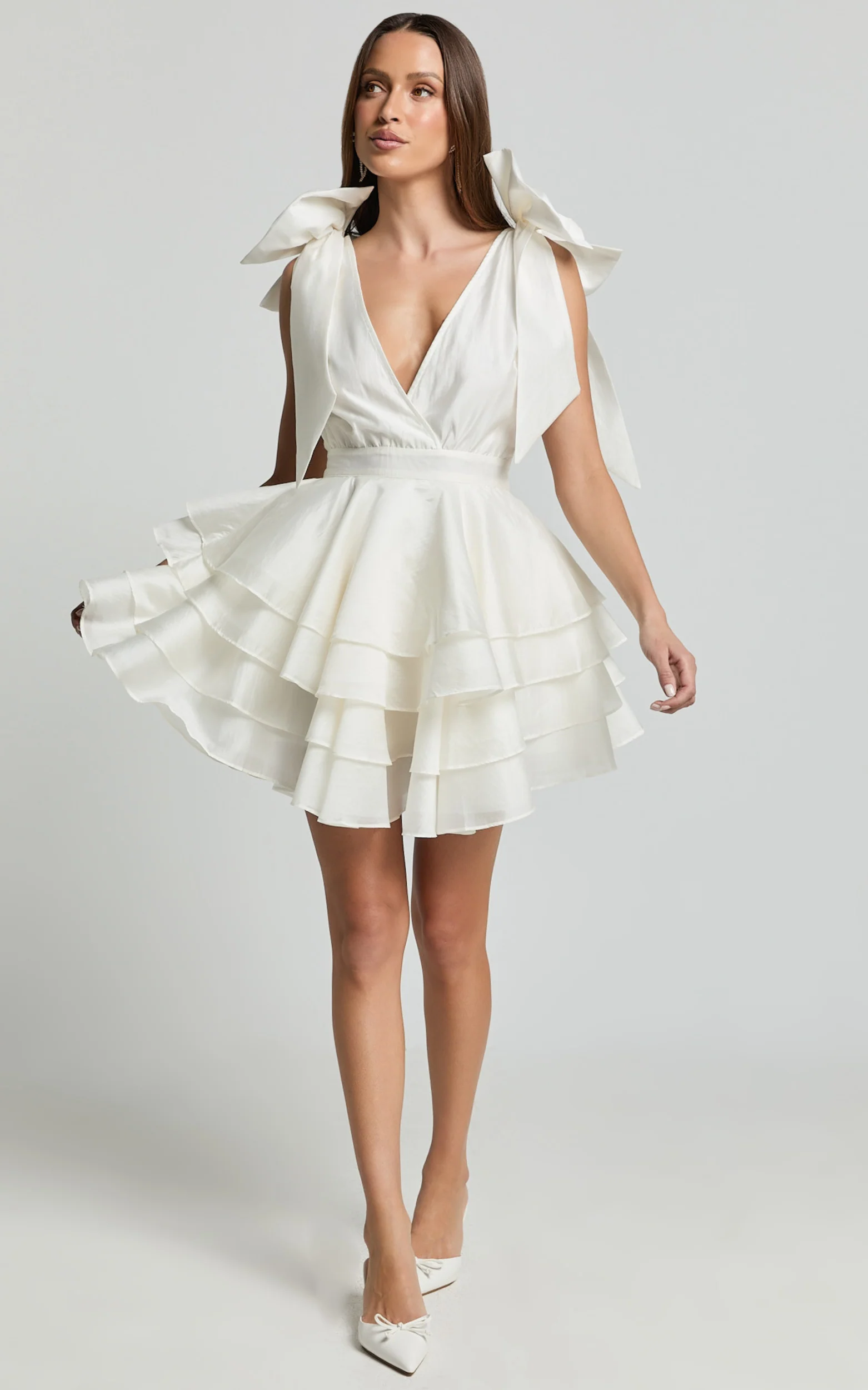 Roxanne Mini Dress - Shoulder Tie Plunge Ruffle Dress in White - Image 3