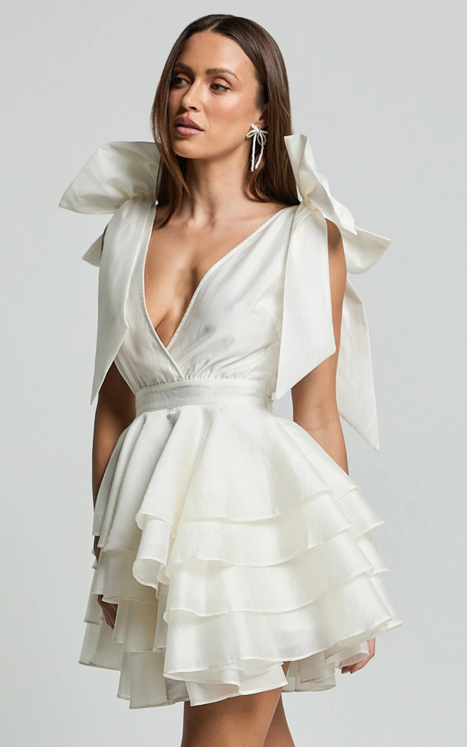 Roxanne Mini Dress - Shoulder Tie Plunge Ruffle Dress in White - Image 4