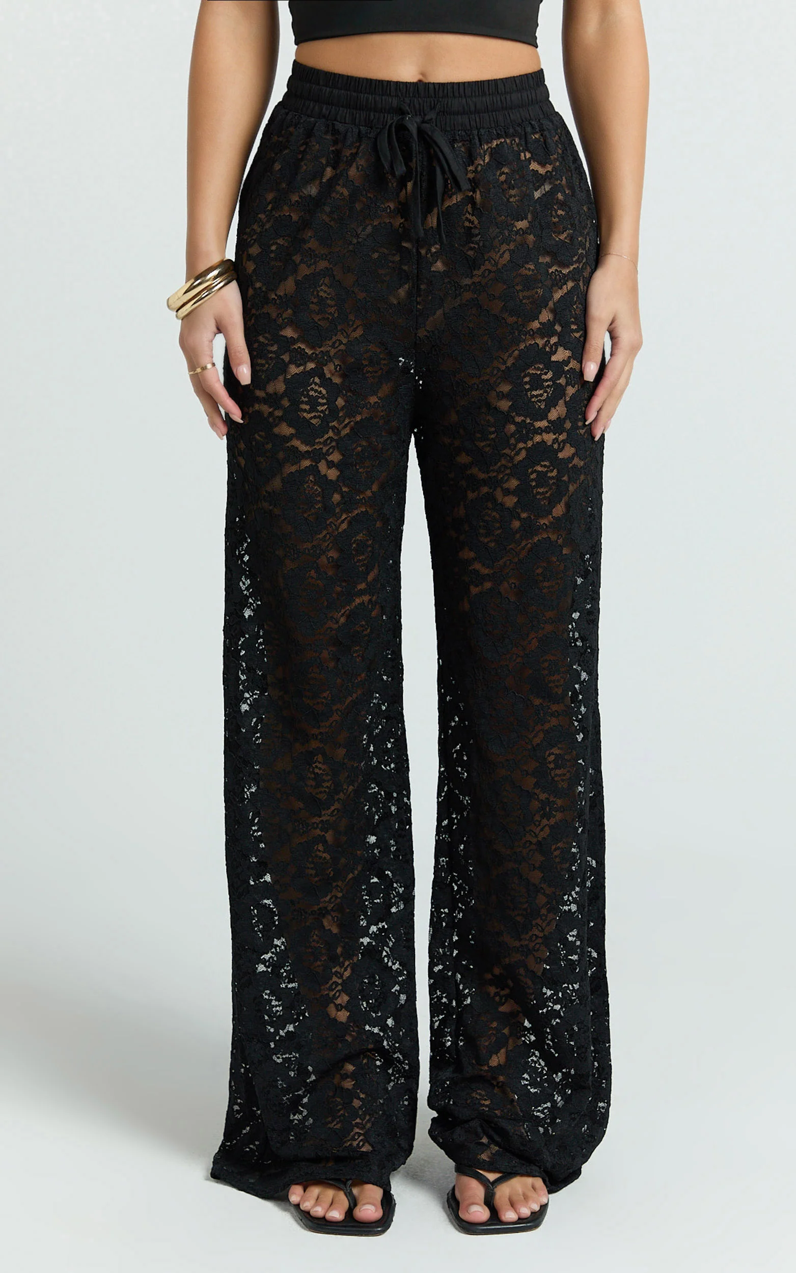 Roxy Pants - High Waist Lace Relaxed Drawstring Pants in Black - Image 2