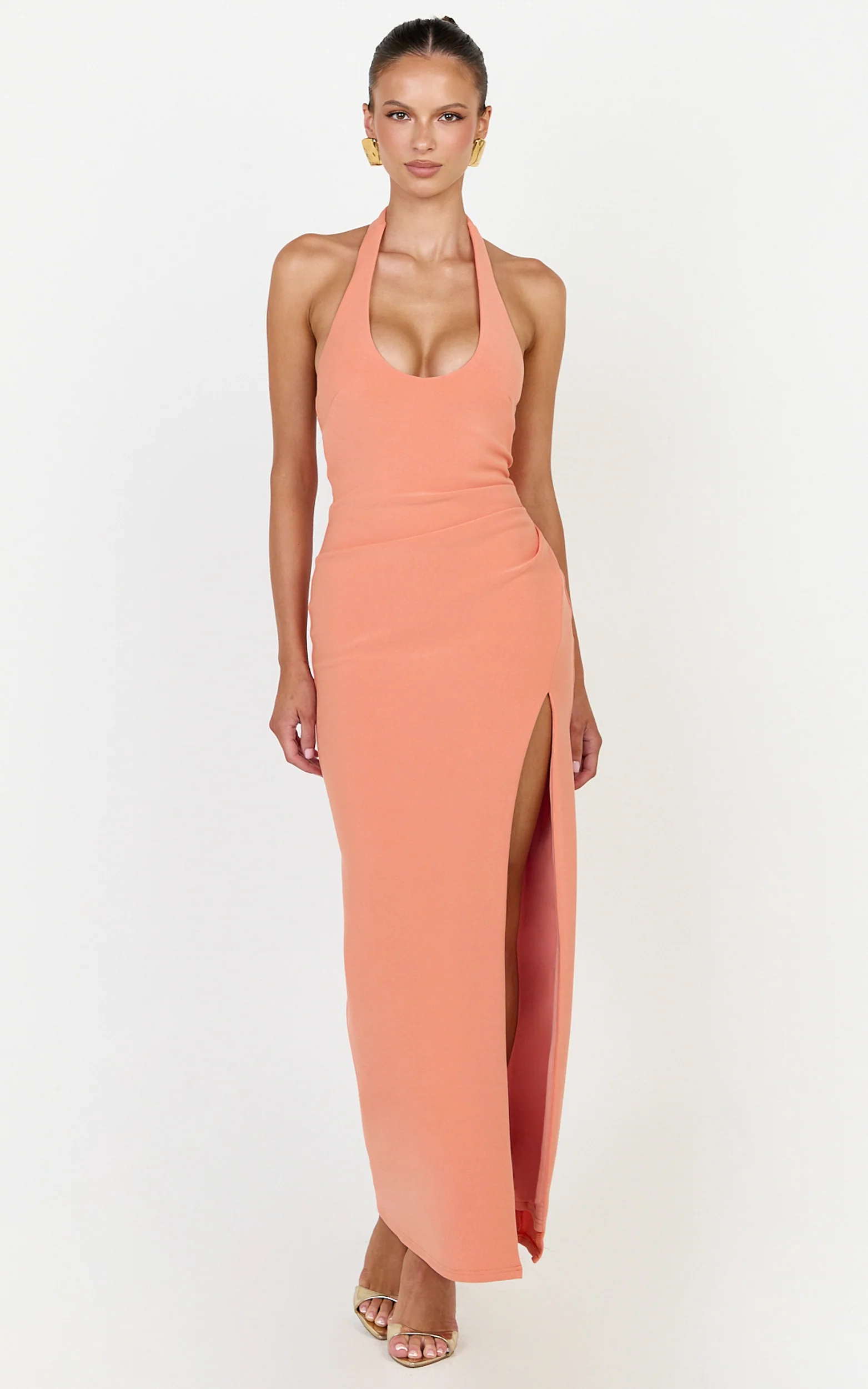 Ruby Maxi Dress - Halter Scoop Neck Low Back Bodycon Dress in Coral - Image 4