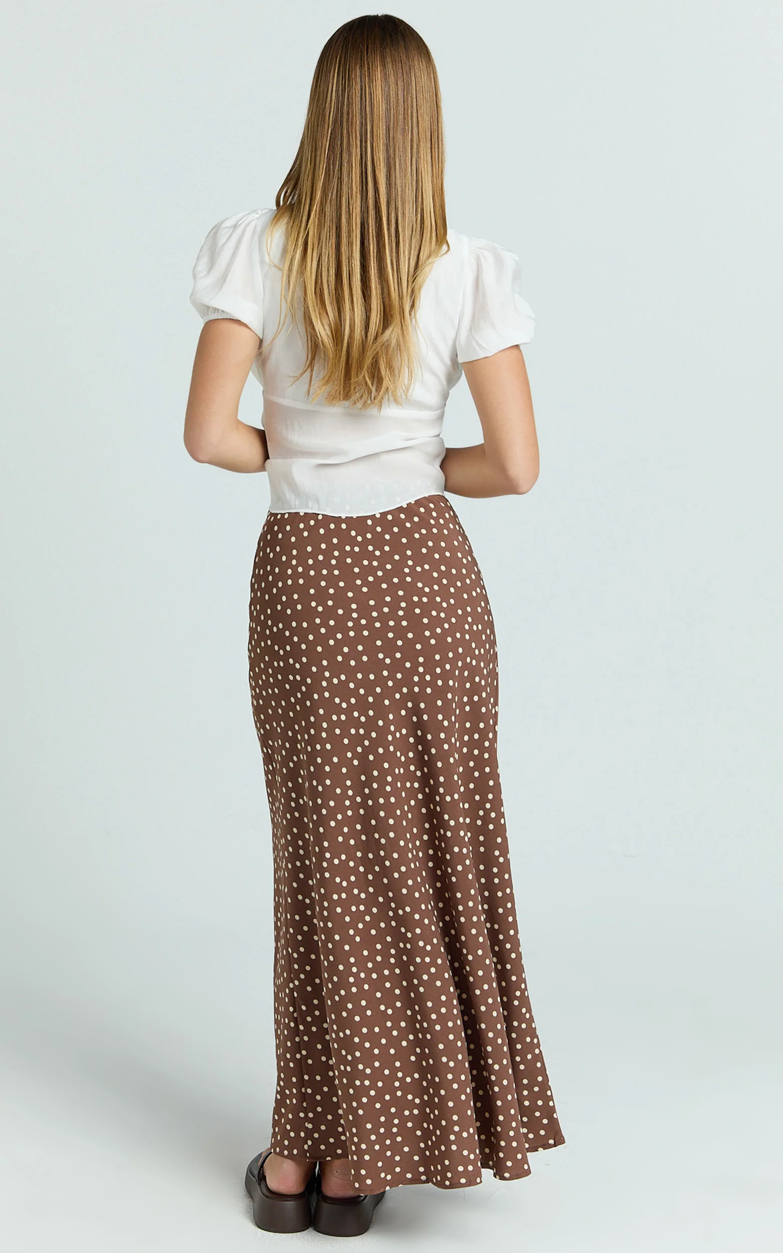 Ruby Maxi Skirt - High Waisted Bias Cut Skirt in Chocolate Polka Dot - Image 5