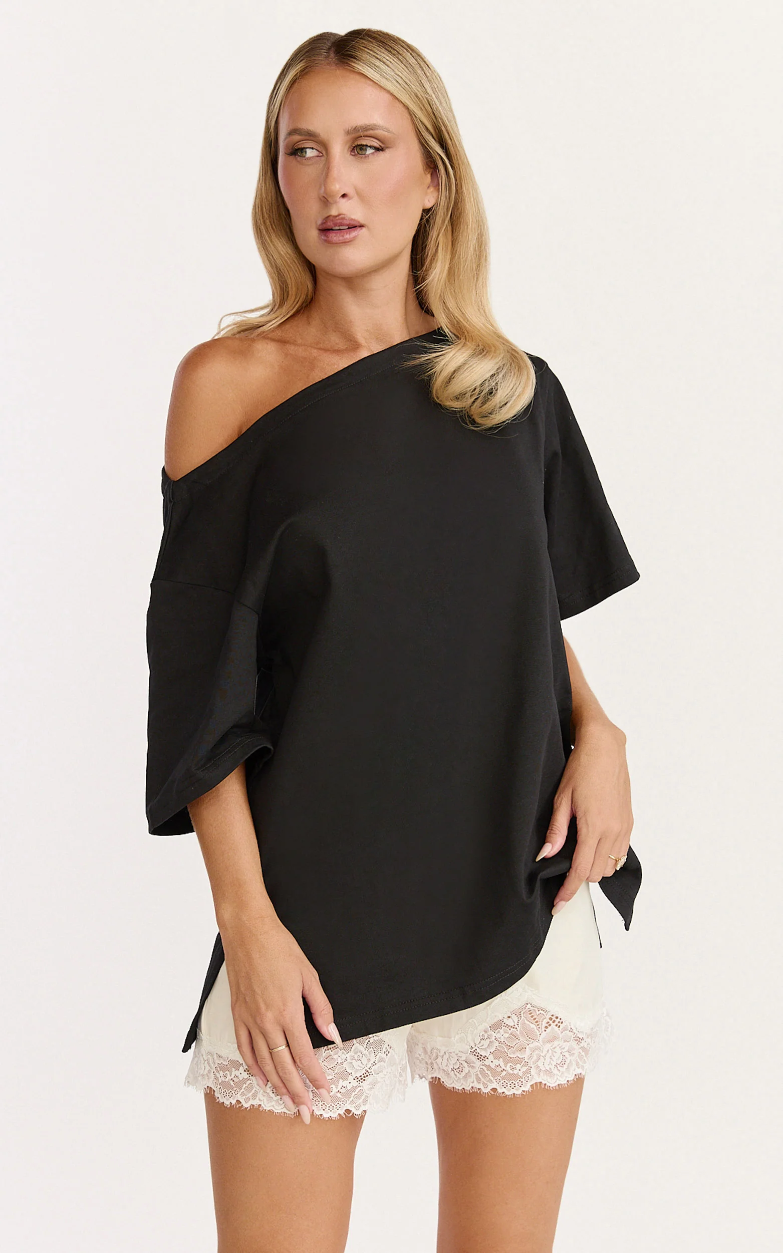 Ruby Top - Off Shoulder Asymmetrical T-shirt in Black - Image 3