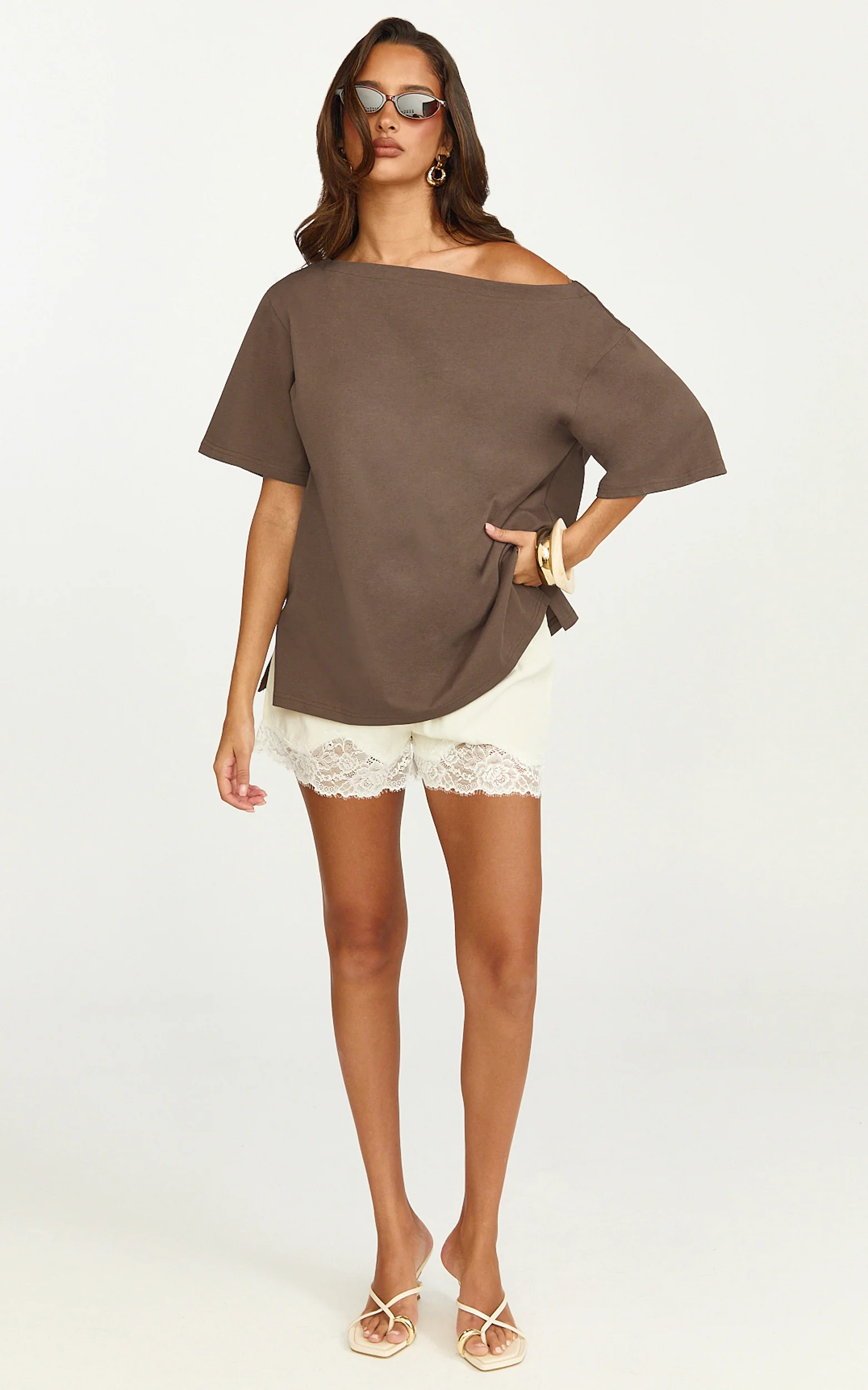Ruby Top - Off Shoulder Asymmetrical T-shirt in Chocolate - Image 2