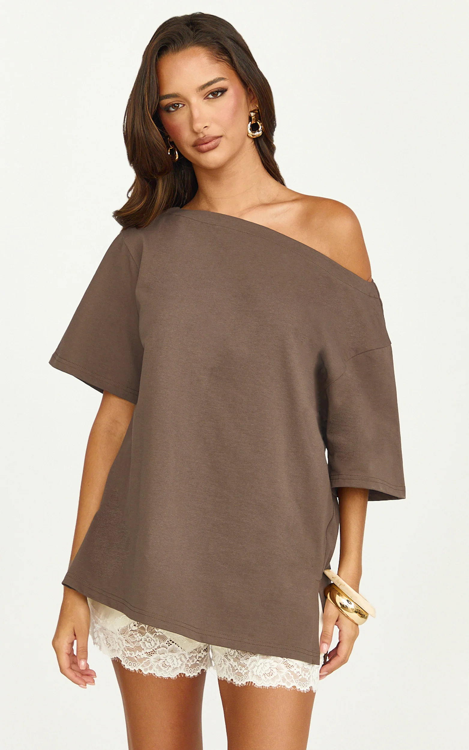 Ruby Top - Off Shoulder Asymmetrical T-shirt in Chocolate - Image 3