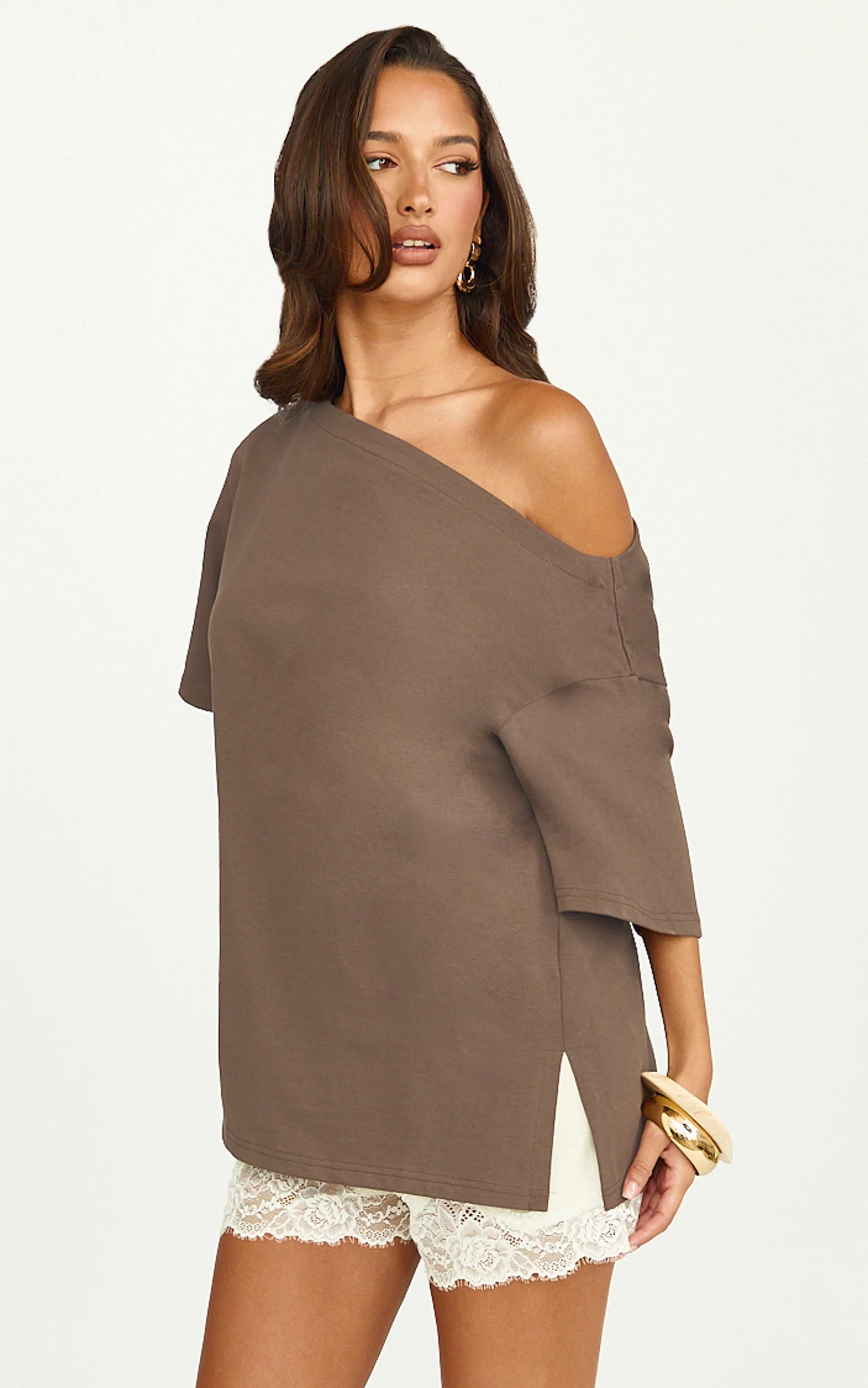 Ruby Top - Off Shoulder Asymmetrical T-shirt in Chocolate - Image 4