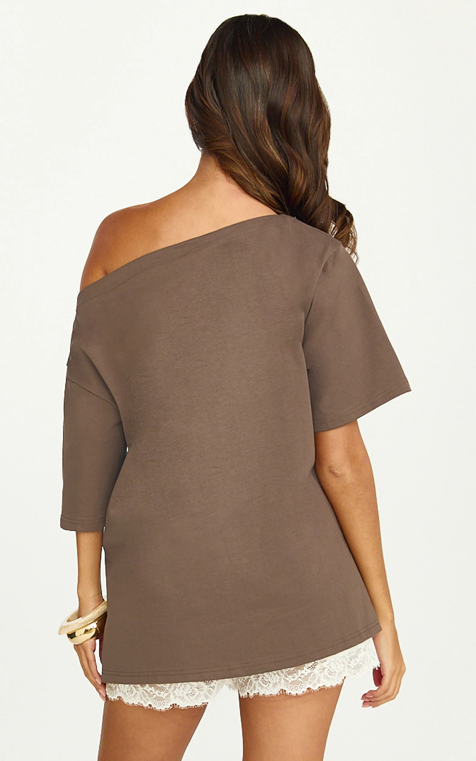 Ruby Top - Off Shoulder Asymmetrical T-shirt in Chocolate - Image 5