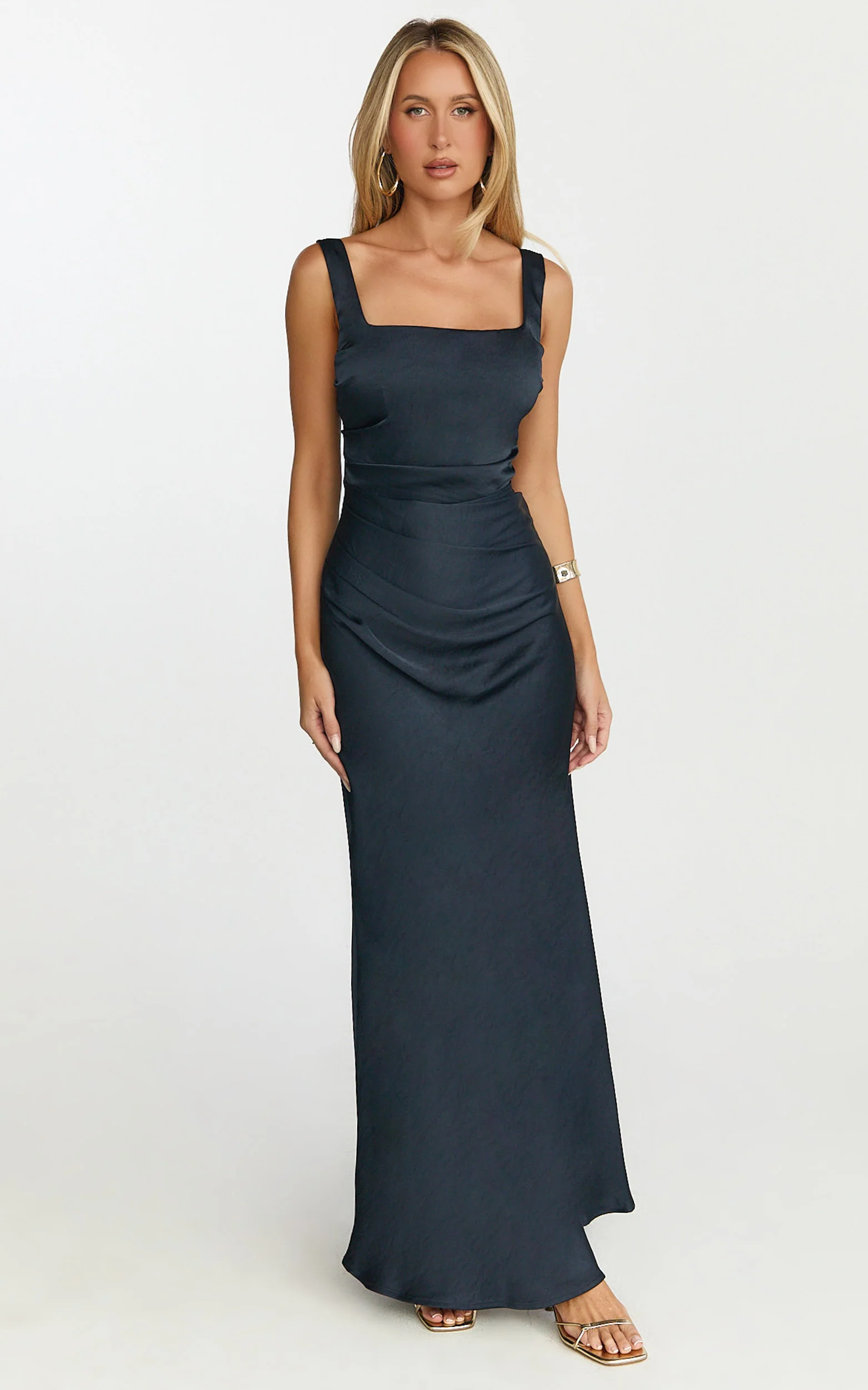 Rumi Maxi Dress - Ruched Bodice Satin Dress in Navy